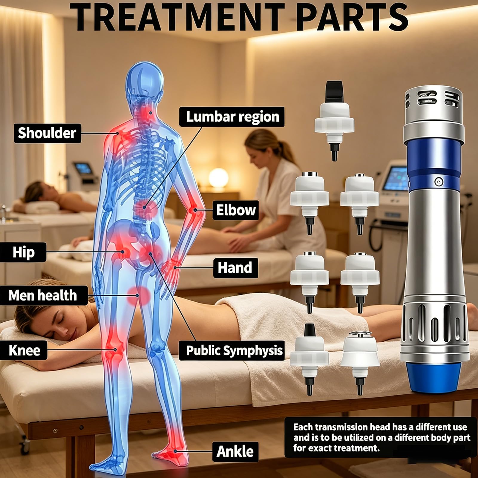 Dispositivo de terapia de onda de choque, instrumento de fisioterapia con 7 cabezas de masaje, 10 funciones y energía ajustable de 60 a 200 mJ, para masaje muscular profundo