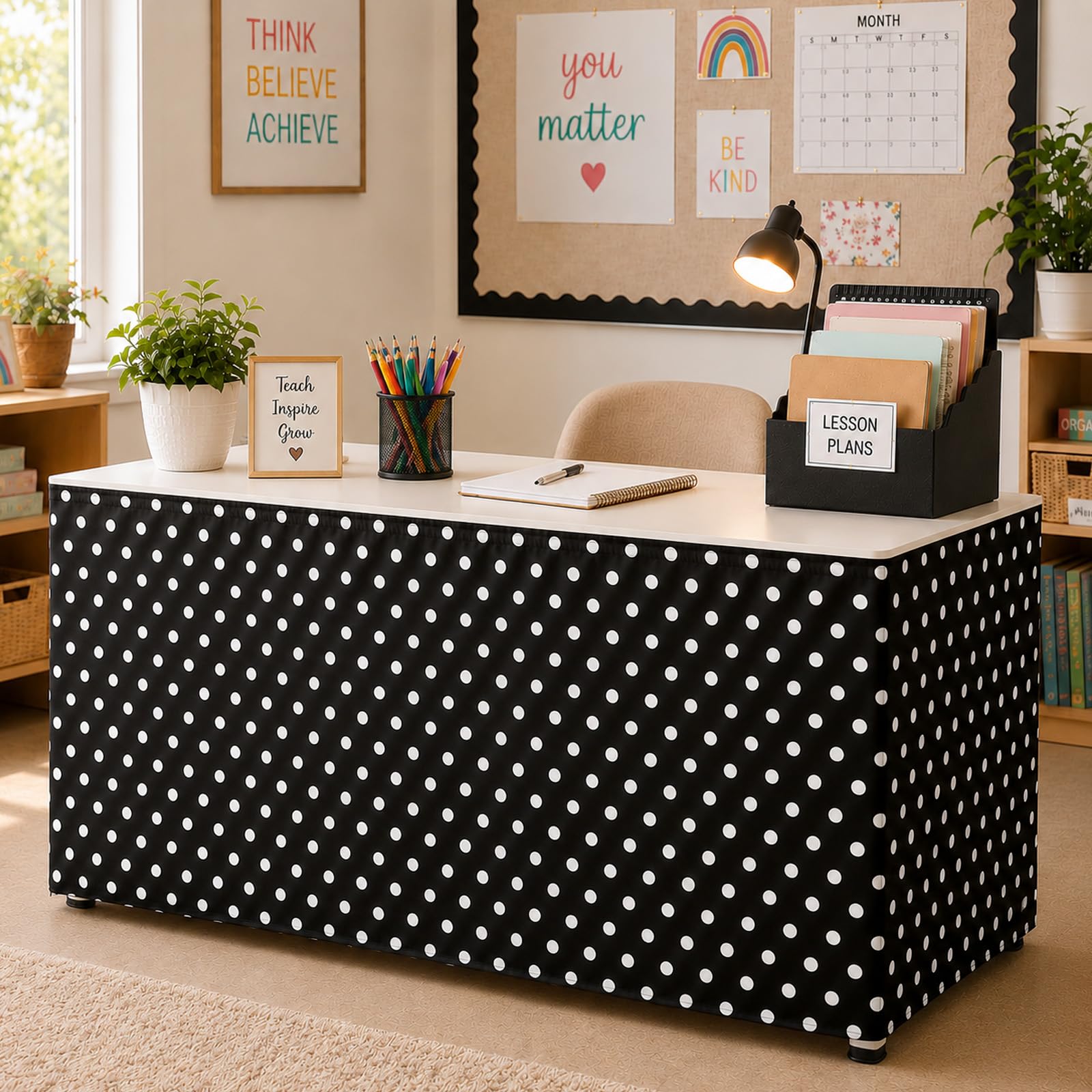 6FT Black Base White Polka Dots Table Skirt Teacher Desk Skirt for Black and White Classroom Decor Rectangle Table Cover for Back to School Party Supplies Kindergarten Office Dorm Bookcase Cabinet