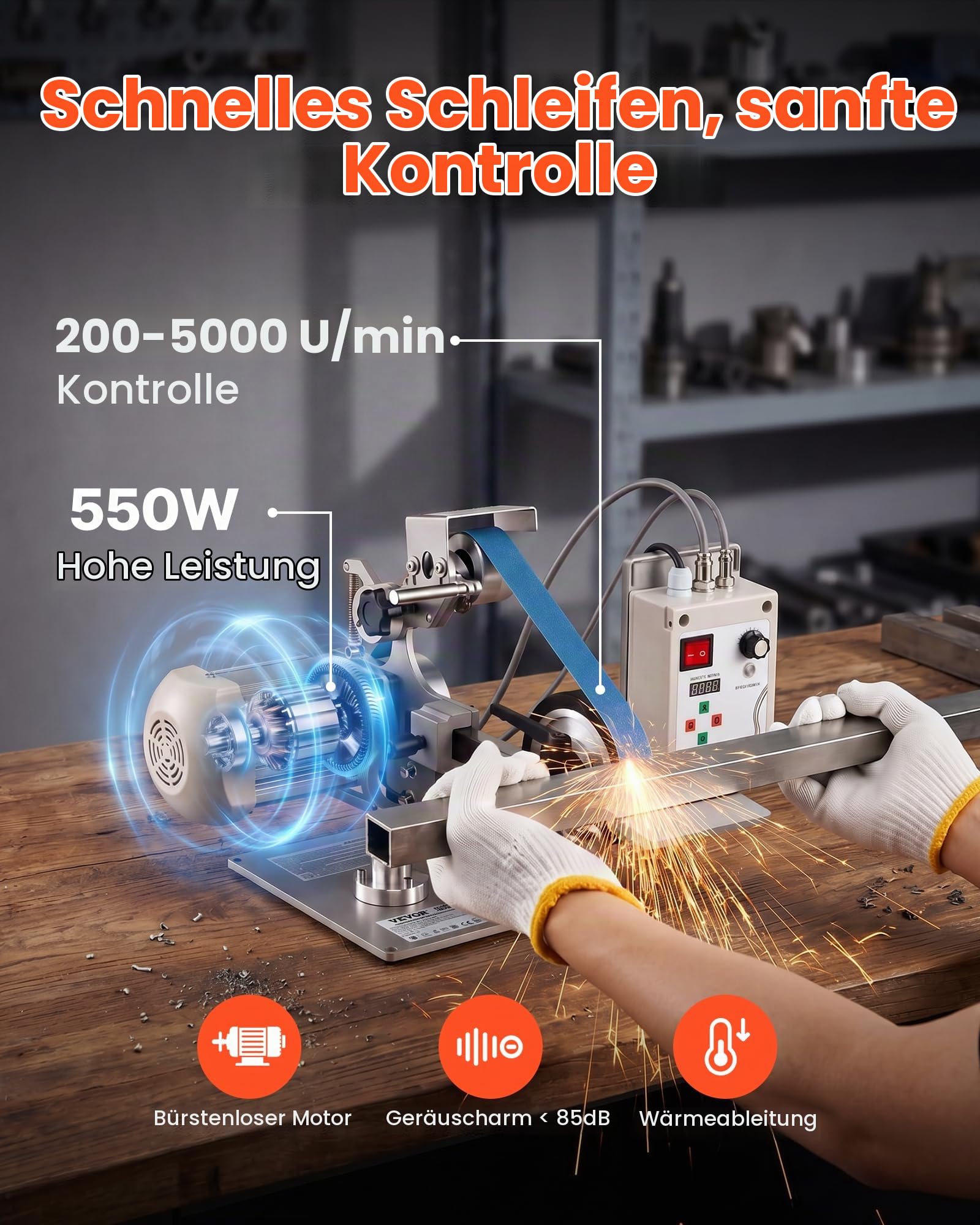 VEVOR Bandschleifmaschine 550 W, Bandschleifer mit 3 Stk. 762x25,4 mm Schleifbändern, 200-5000 U/min Verstellbarer Bandpolierer mit Dualmodi & Max. 21 m/s Bandgeschwindigkeit für Metallbearbeitung