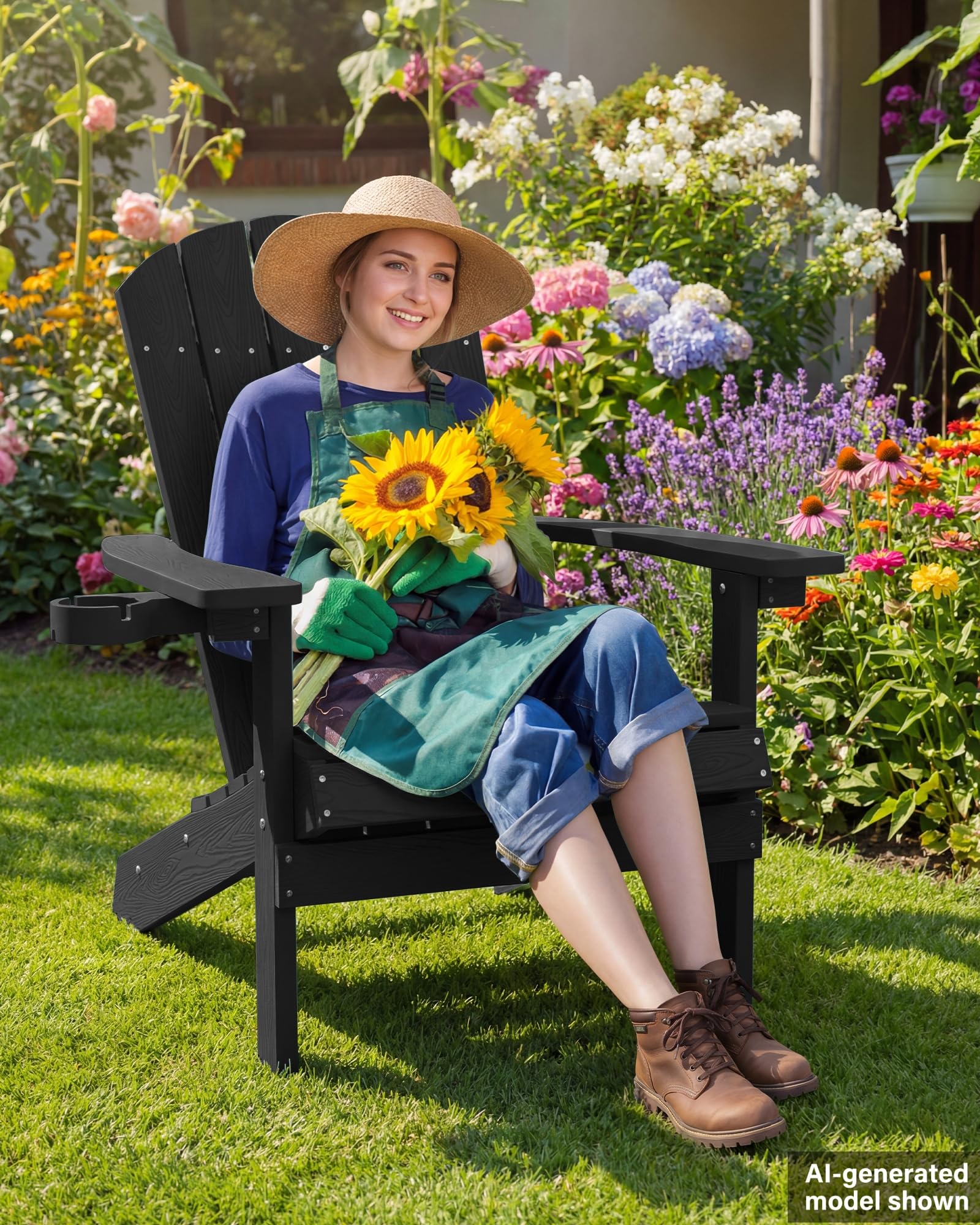 MXIMU Silla Adirondack para jardín al aire libre: respaldo ergonómico cómodo, sillas duraderas con portavasos, sillas Adirondack para todo tipo de clima para patio, hoguera, camping, piscina, banco