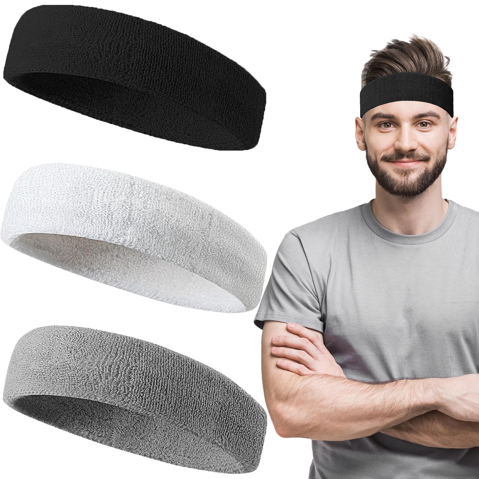 CHONGQILAO Diadema Deportiva, 3 Piezas Cinta Sudor Cabeza, Diademas Deportivas para Hombres y Mujeres, Transpirable Cinta Frente Sudor, Banda Elástica Pelo de Algodón para Fitness Tenis Subida Correr Yoga