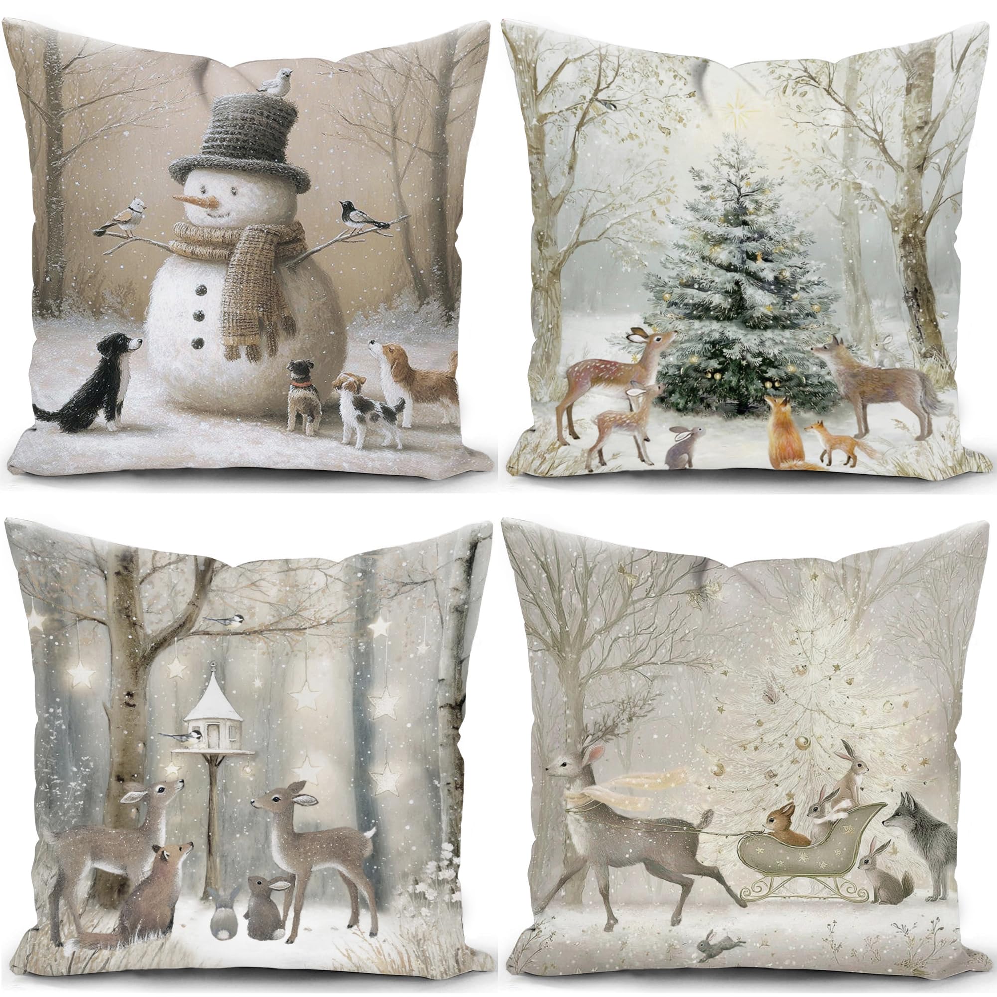 Kunqian A1 Christmas Cushion Covers Xmas Decorations Throw Pillow Cover Winter Animal Snowman Grey Set Of 4 Christmas Decor For Sofa Living Room Home 18X18 Inch 45X45cm