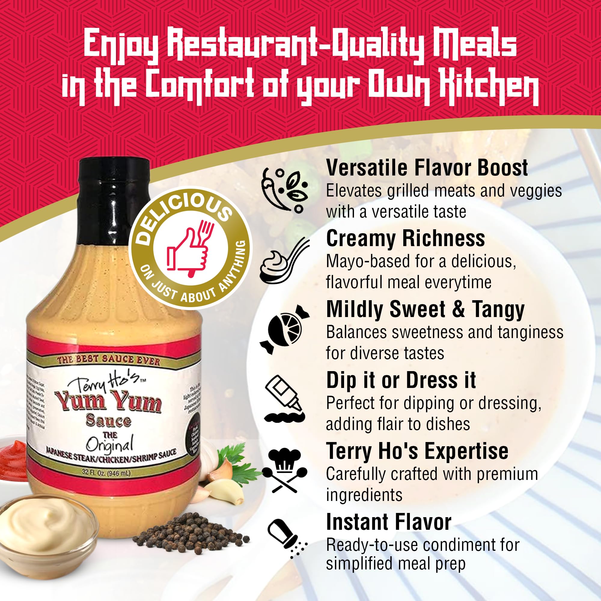 Amazon.com: Terry Ho's Yum Yum Sauce Original - Sweet and Tangy Mayonnaise-Based  Sauce for Dipping, Marinade, and Dressing - Cocktail Sauce for Shrimp,  Japanese Steak, Chicken, Pork, and Vegetable Salad - 32oz (