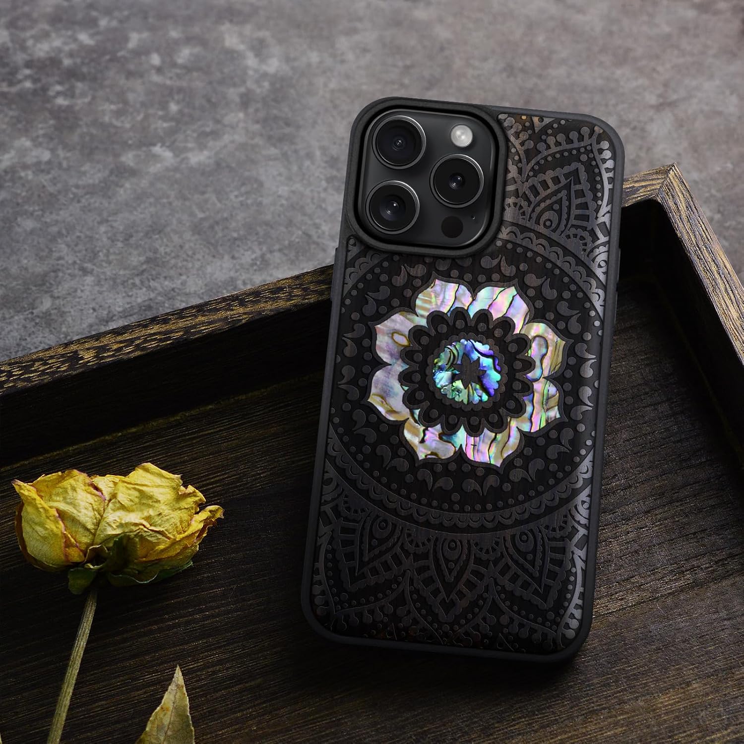 Carveit Magnetic Case for iPhone 16 Pro Case, Wood Artisan Engraved & Handmade Shell Inlaid, TPU Shockproof Cover, Compatible with MagSafe Wireless Chargers (Mandala Pattern) Blackwood
