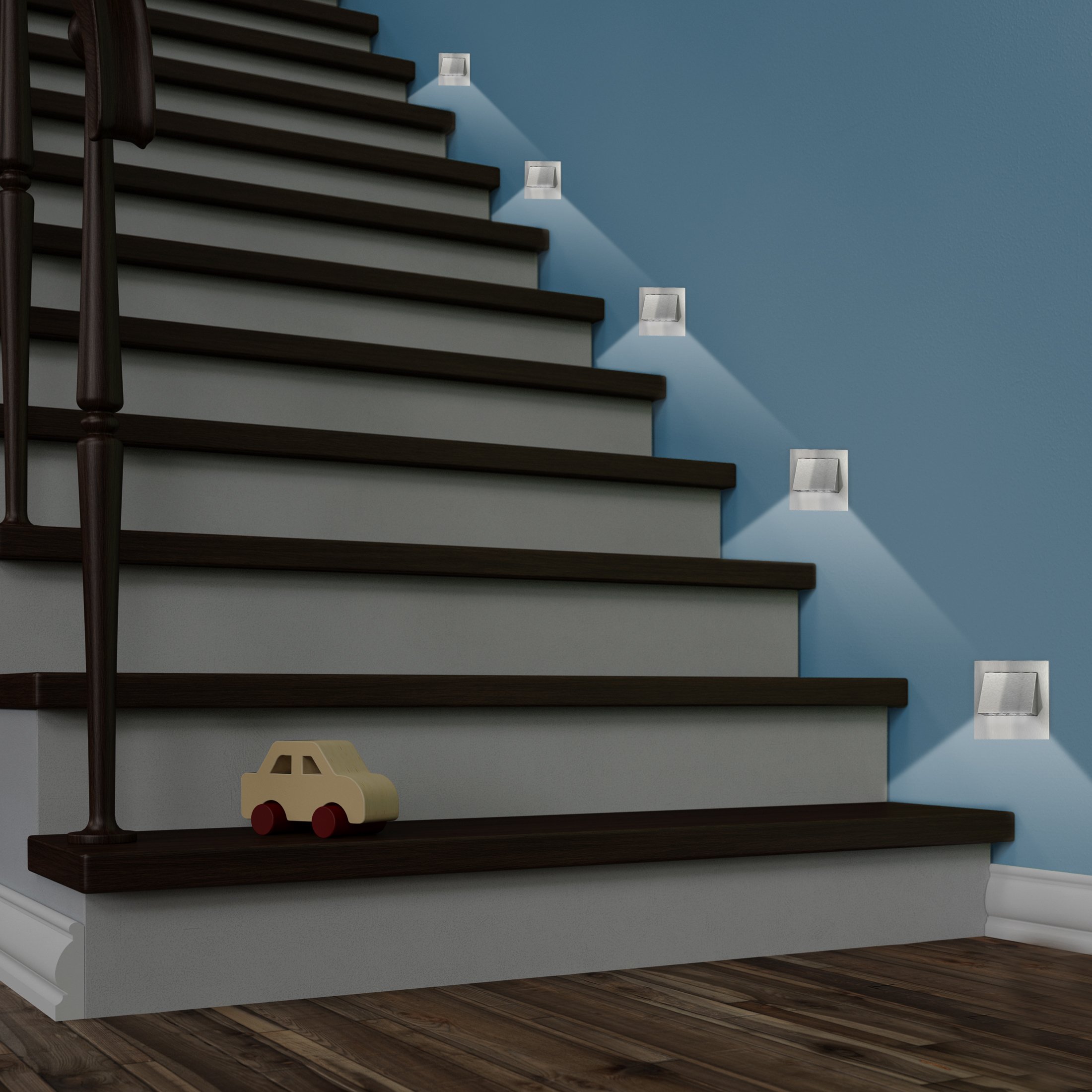 SSC-LUXon LED Treppen-Einbauleuchte NARVA Silber Edelstahl Optik 230V 1W - quadratisches Design Spotlight zur Stufen & Treppenbeleuchtung