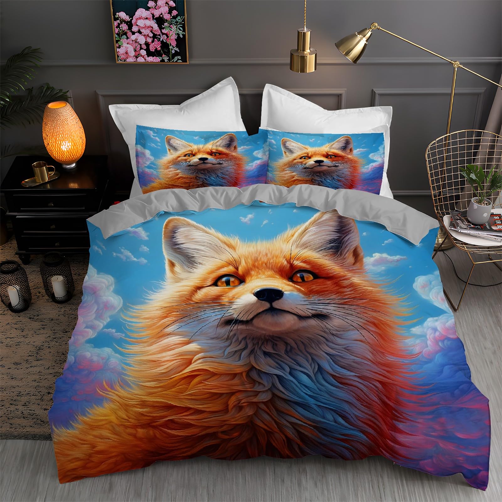 Copripiumino Matrimoniale 250x200 Fox Ai Animale Biancheria da Letto Morbido Microfibra Copri Piumone e 2 Federe Abbinate, con Zip, Ipoallergenico