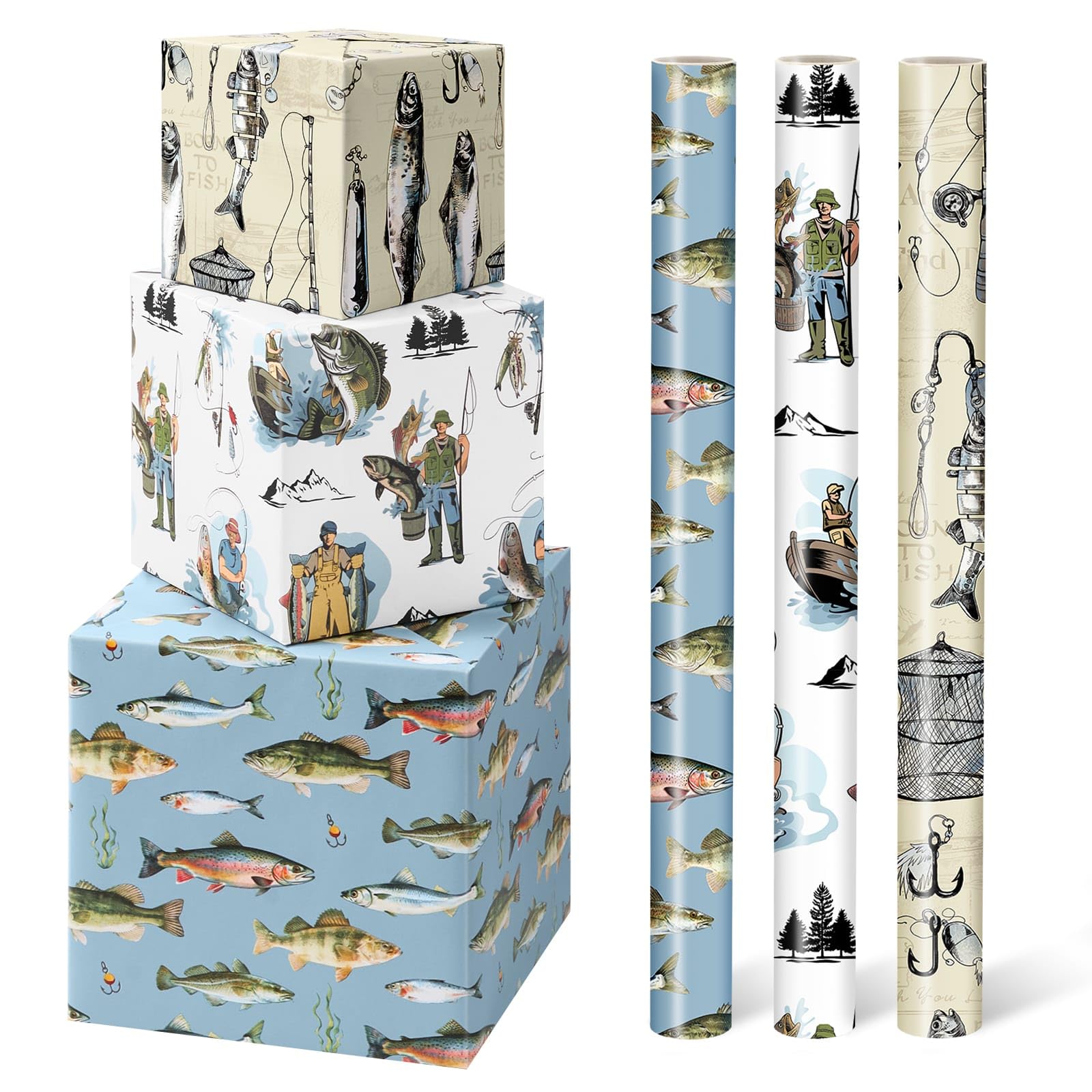 WERNNSAI 3 Rolls Fishing Wrapping Paper Vintage Fish Wrapping Paper for Men
