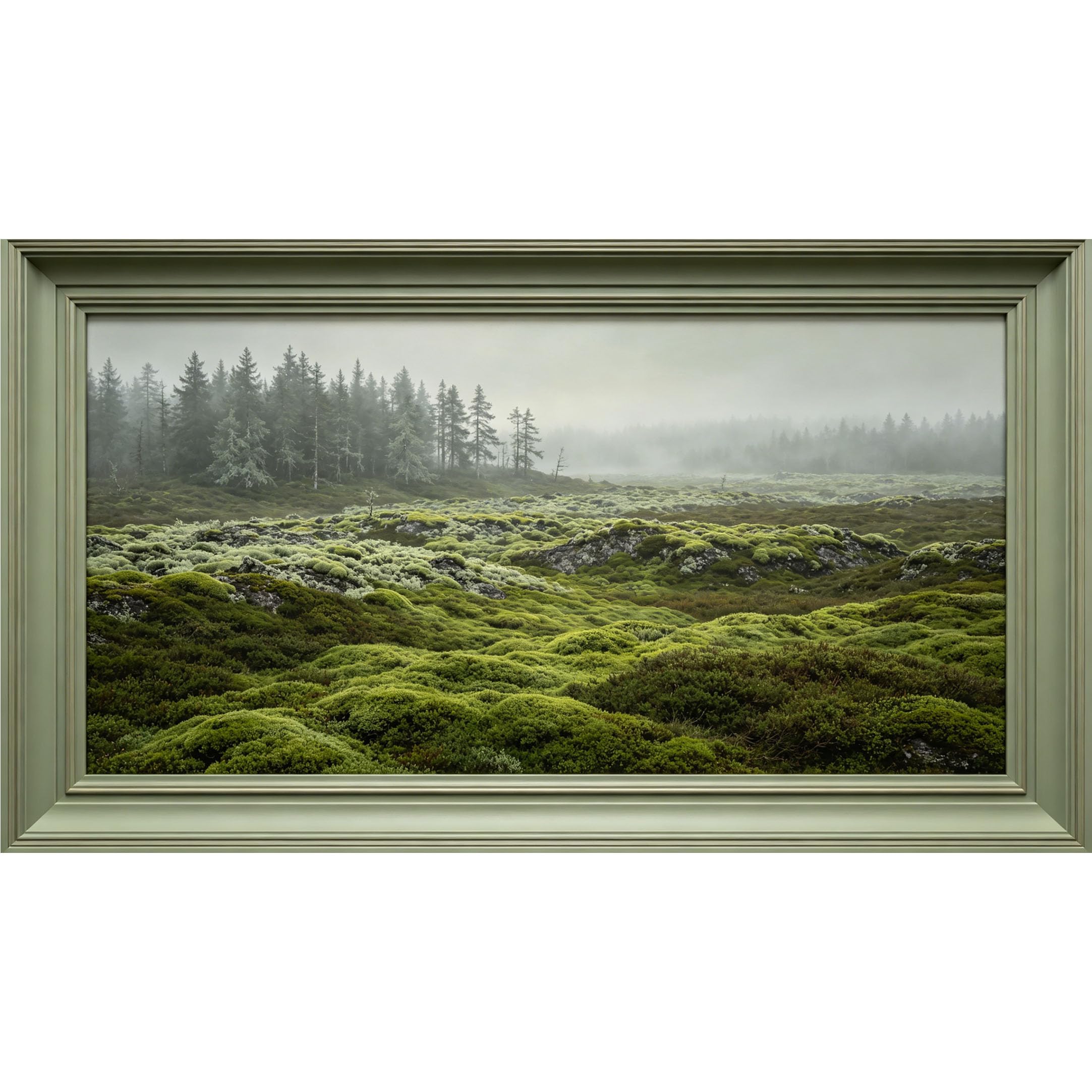QZLITHOTIC 50×90cm3D Framed Wall Art， Misty Forest Landscape Mossy Terrain Panoramic View Self?Adhesive Mural， Water?Activated Peel & Stick Fabric Decor Wall Decal for Bedroom Living Room