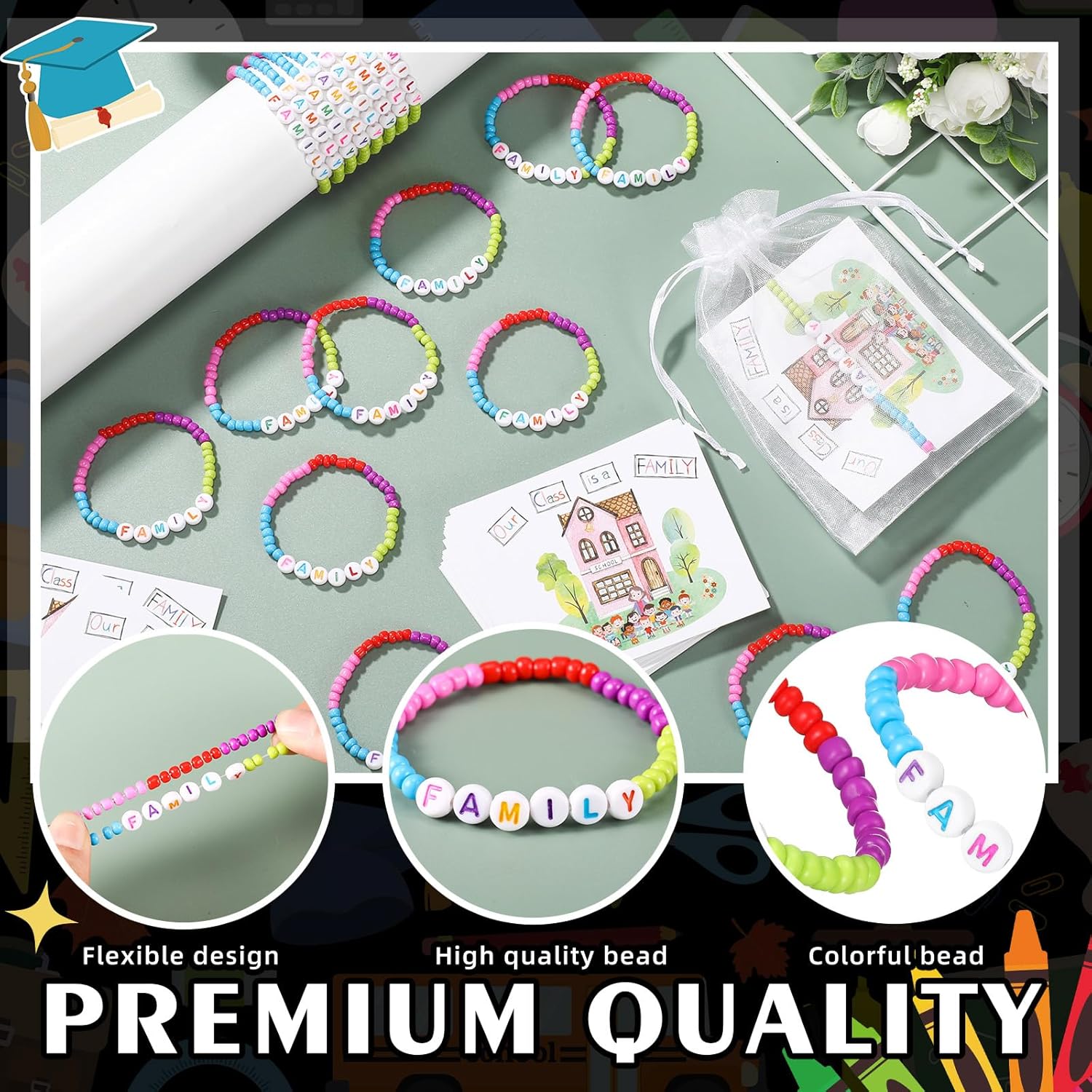 Cunno 24 Sets End of Year Student Friendship Bracelets Gifts from Teacher Bulk, End of Year Class Graduation Friendship Bracelets Gifts and Our Class Is a Family Greeting Card