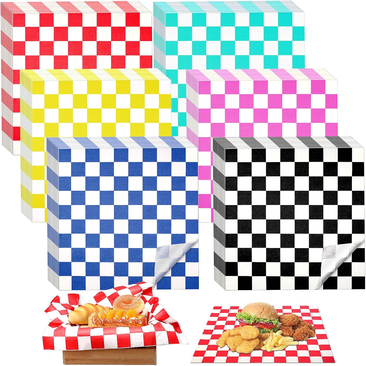 Colarr 1000 Pcs Waxed Paper Sheets Bulk 15 x 15 Inch Large Sandwich Wrapping Papers Checkered Deli Food Basket Liners for Burgers Bread Restaurant Barbecue Picnic(Multicolor)