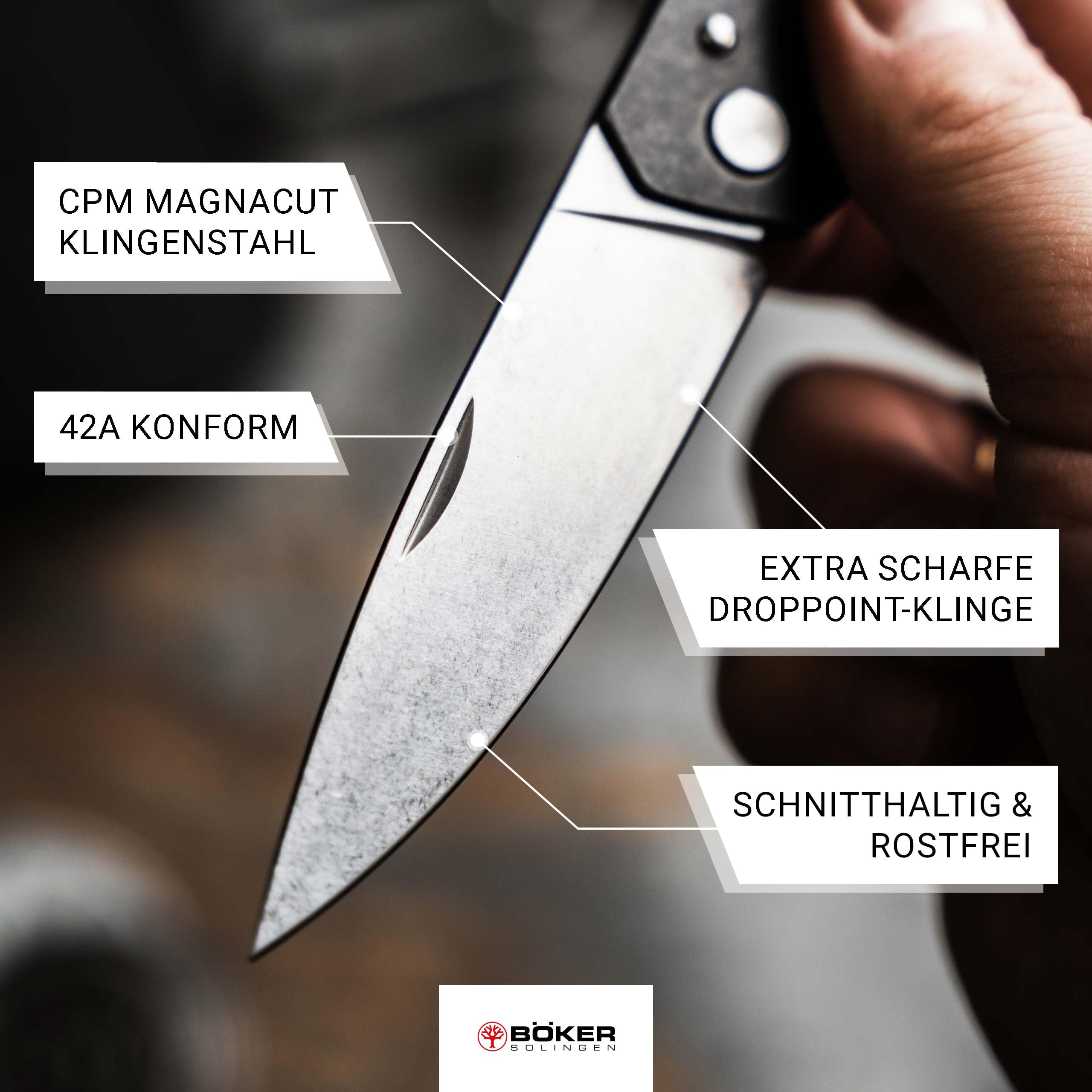 BÖKER SOLINGEN® Kihon Bifold 42a Klappmesser – Backlock Zweihand Messer mit Clip – EDC Taschenmesser mit 8,1 cm Droppoint MagnaCut Klinge – flaches Vollmetal Taschenmesser – Made in Germany