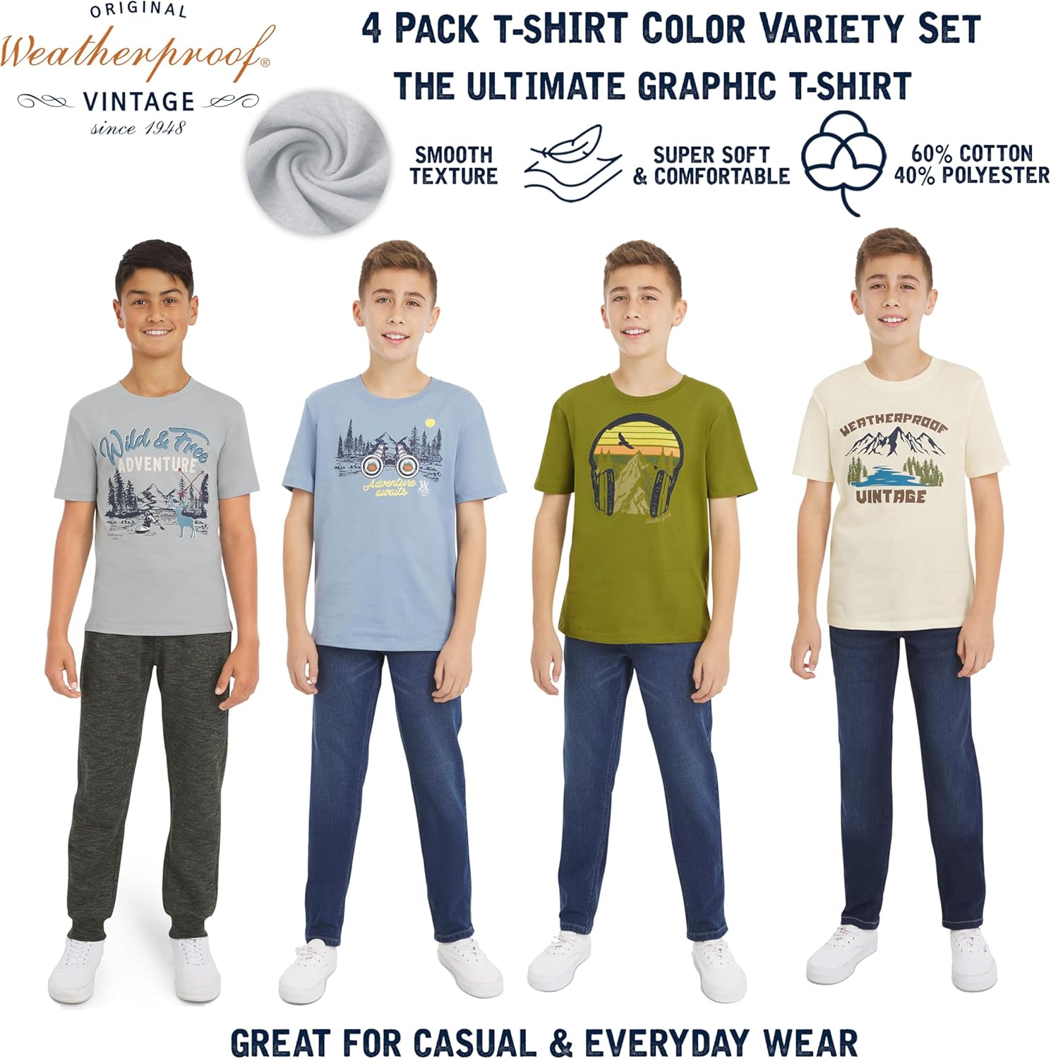 Weatherproof Vintage Boys' 4 Pack Variety Super Soft Stretchable Tee Short Sleeve Graphic T-Shirt - Image 2