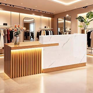 Modern Reception Desk with Counter, L-Shaped Front Desk & Receptionist Desk for Beauty Salon, Barber Shop, Training Center, Multi-Purpose Checkout Counter with Storage (C,Left 63in)