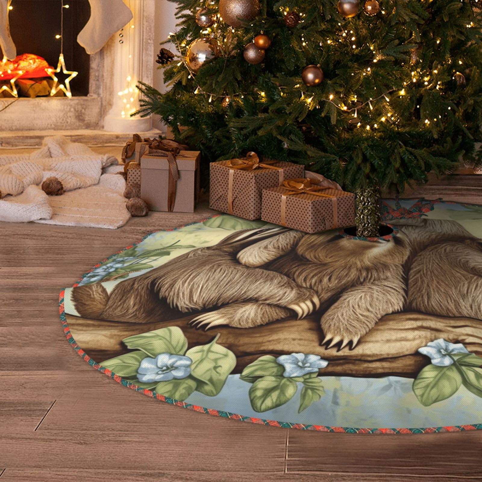 Sloth Family Christmas Tree Skirt 36" Artificial Tree Mat Cover Merry Christmas Burlap Xmas Tree Skirt for Christmas Decoration Holiday Indoor Outdoor Winter Party Decor