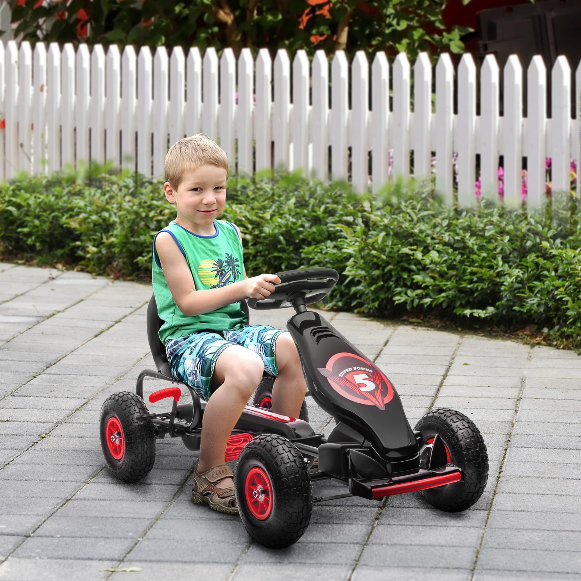 HOMCOM Go Kart a Pedali per Bambini 5-12 Anni con Sedile Regolabile, 50 kg Portata, Veicolo a Pedali per Bambini con Marcia, Avanti, Retromarcia, Freno a Mano e Ruote in EVA Antiscivolo, Rosso