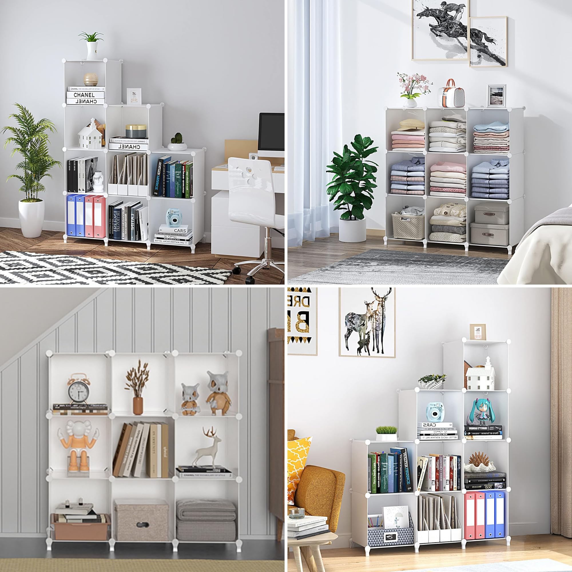 Scaffale Modulare con 9 Scomparti, Scaffali Modulare in Plastica, Scaffale con Moduli, Cubo Portaoggetti, Libreria in Plastica, per Scarpe, Vestiti, Libri, Montaggio Facile, Armadio, Bianco.