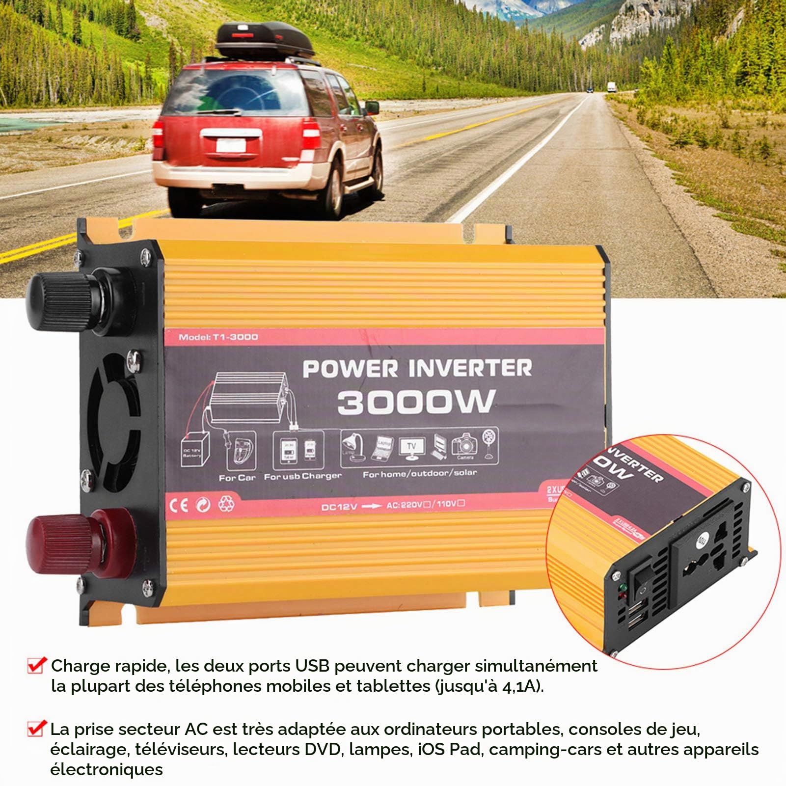 KIMISS Voiture onduleur 3000W Double convertisseur de Puissance Automatique USB transformateur à Onde sinusoïdale modifiée(AC 220V)