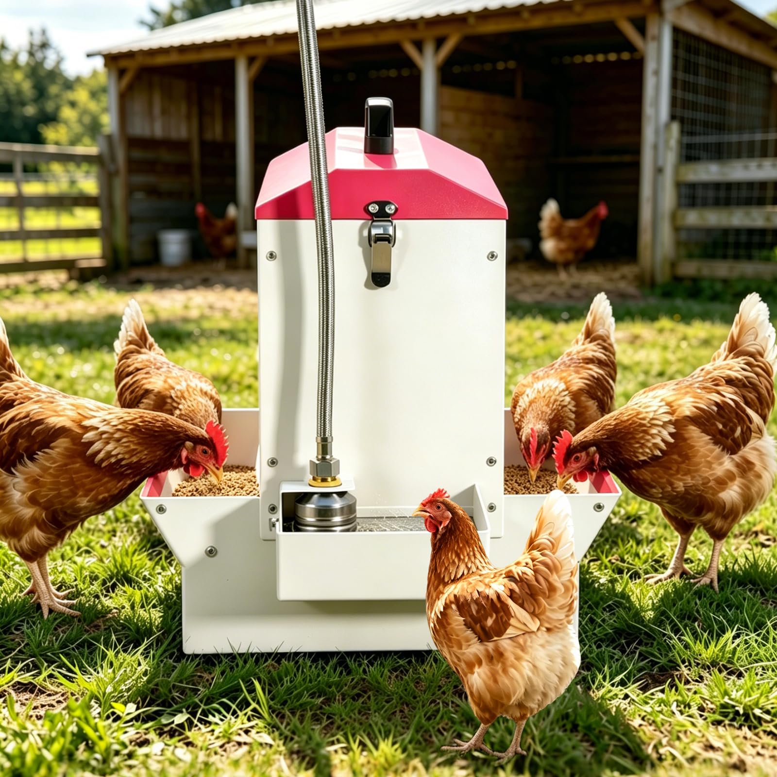 Alimentador automático 2 en 1 para aves de corral, comedero de metal por gravedad con bebedero, bandeja de alimentación de doble cara para pollos, patos, gansos, portátil con mango y candado