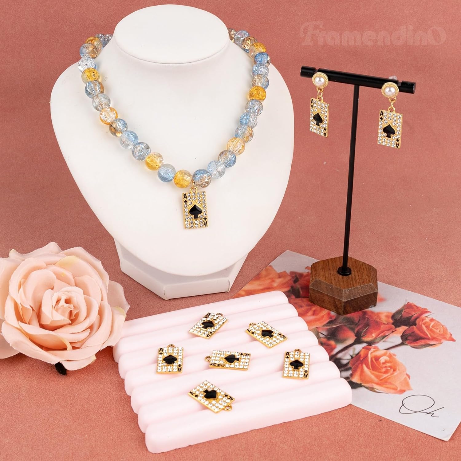 Framendino, 20 Pack Rhinestone Metal Enamel Poker Card Pendant Charm Cute Black Peach Heart Rectangle Connector Charms Mini Playing Bead for Necklace Bracelet Earring Jewelry Making Gold - Image 6