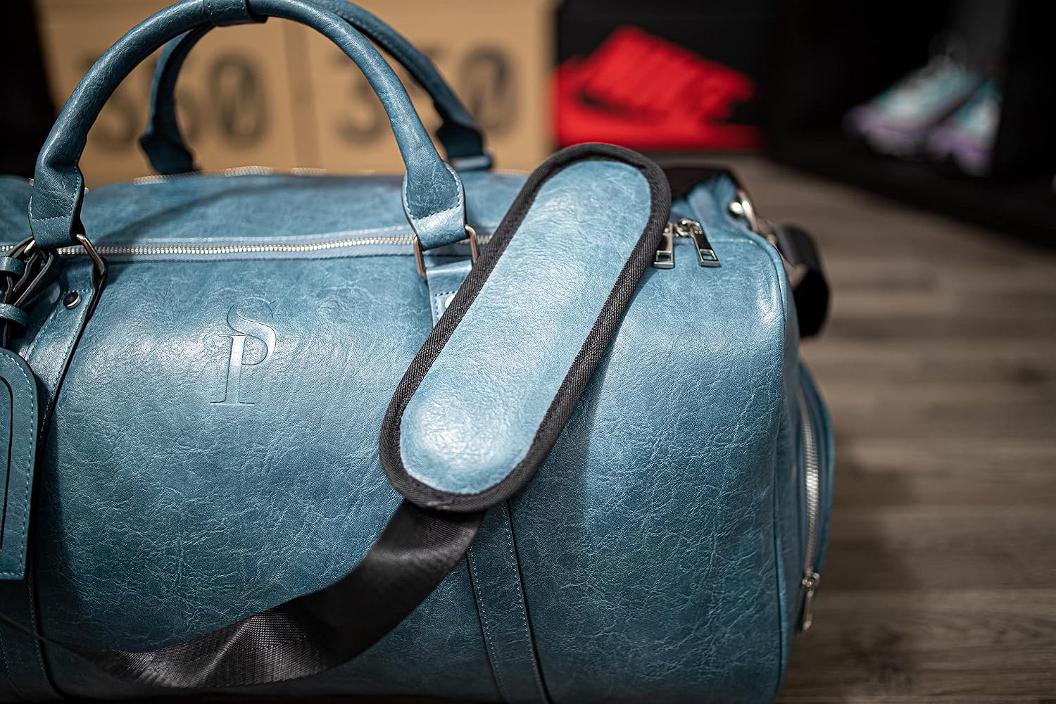 Sole Premise Leather Sneaker Bag Duffel Travel Shoe Bag (Blue)