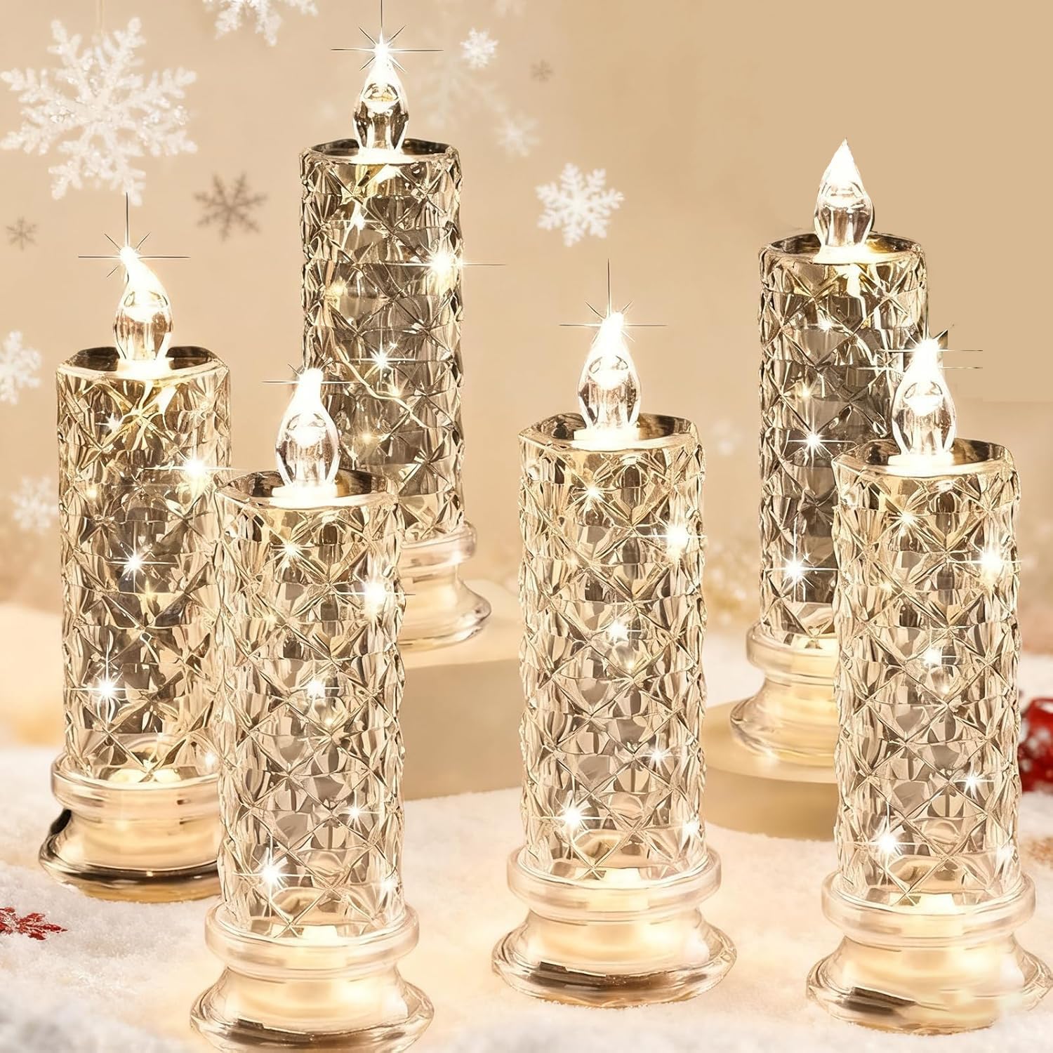 Led Crystal Candle Lights, Flameless LED Candles, LED Flameless Candles with Rose Shadow, 2/4/6PCS Rose Shadow Battery Operated Candles, for Valentines Anniversary Wedding (6PCS)