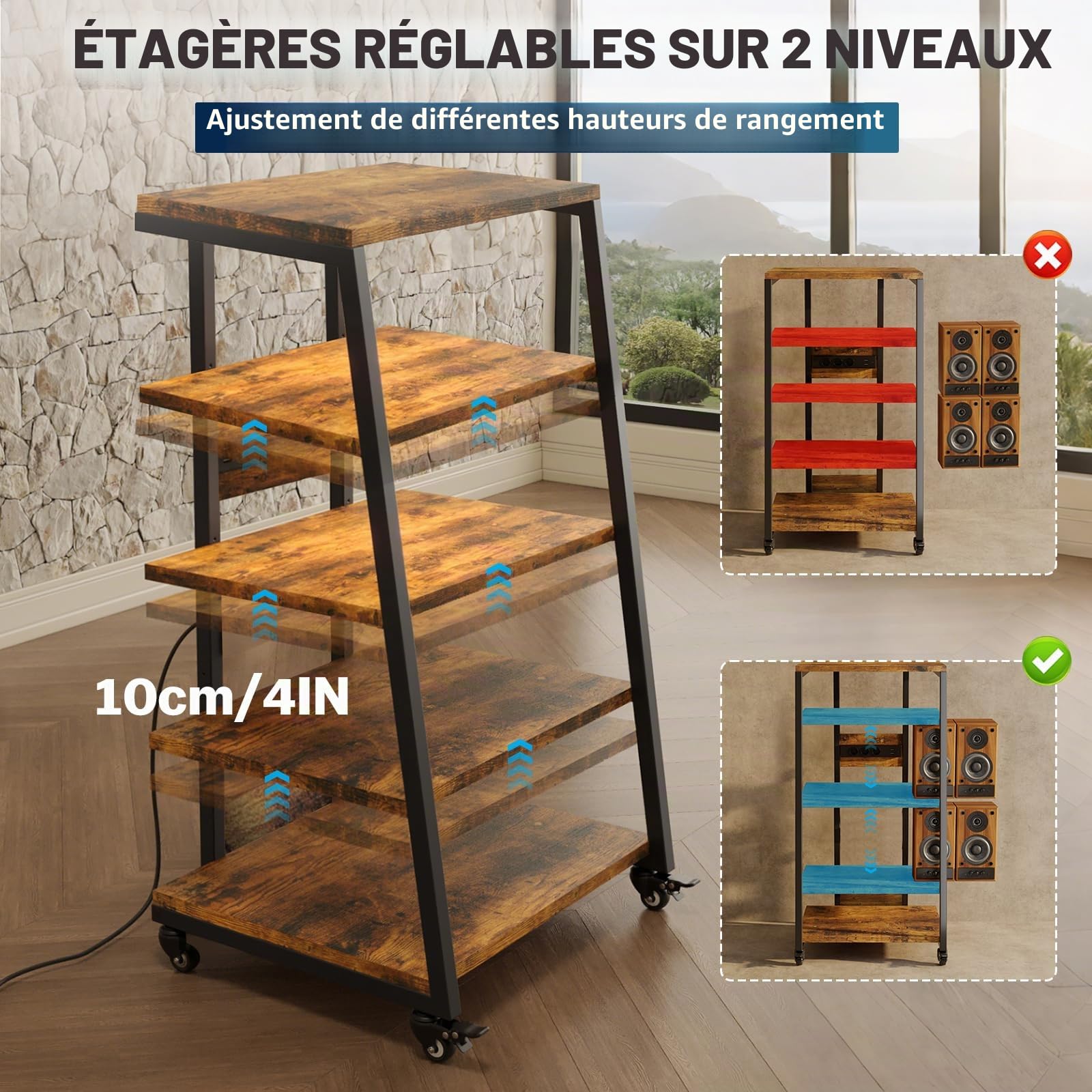 Rack HiFi 5 niveaux, platine vinyle, lumières LED, étagère réglable, bois, 60 x 52 x 110 cm
