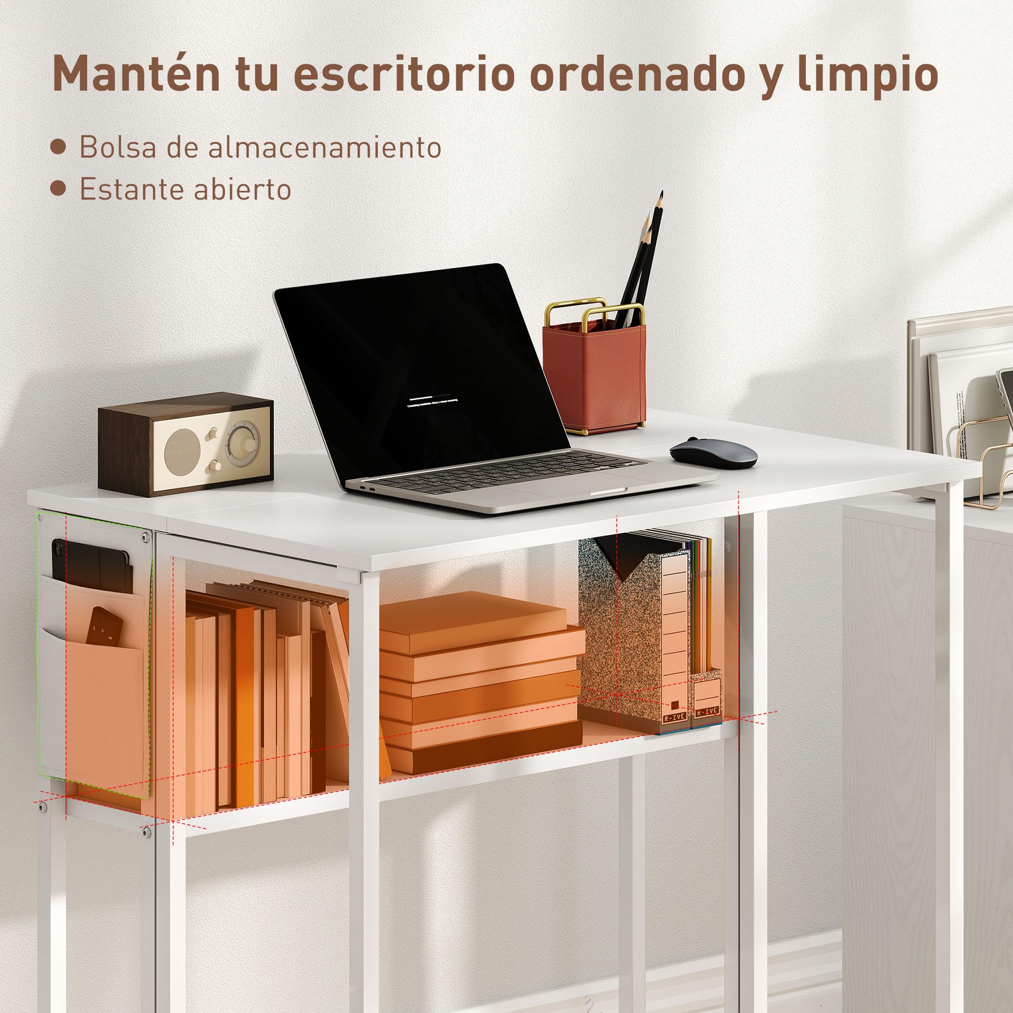 HOMCOM Escritorio Plegable con Ruedas y Estante Casa 80x50x75 cm Blanco | Mesa Escritorio Compacta, Bolsillo de Almacenaje, Mesa de Ordenador Portátil, Oficina, Espacios Pequeños