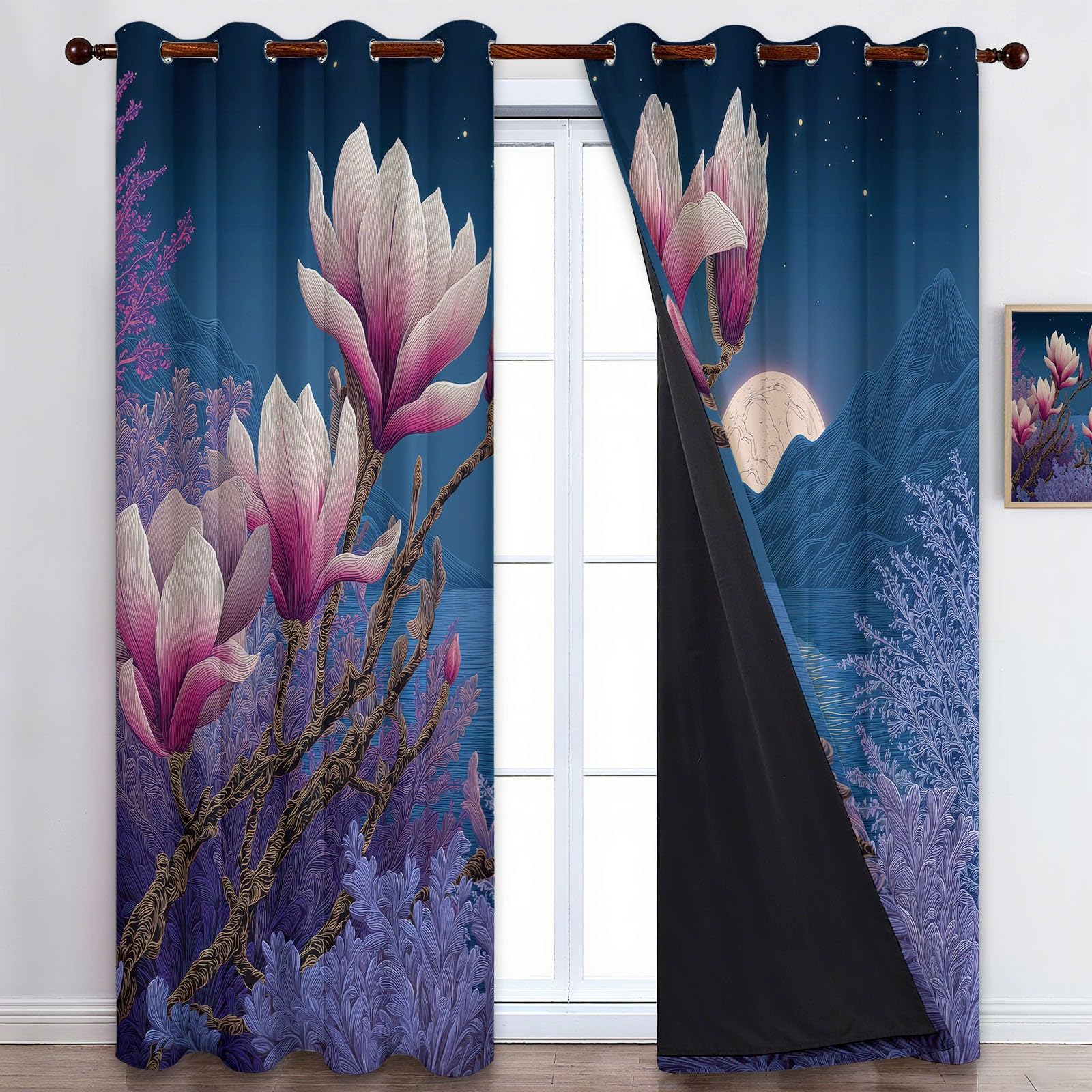 Zasłony zaciemniające 75 x 166 cm zestaw 2 sztuk, orientalny urok natura kwiaty magnolia zasłona zaciemniająca z oczkami do sypialni, redukcja hałasu, ciemnoniebieska