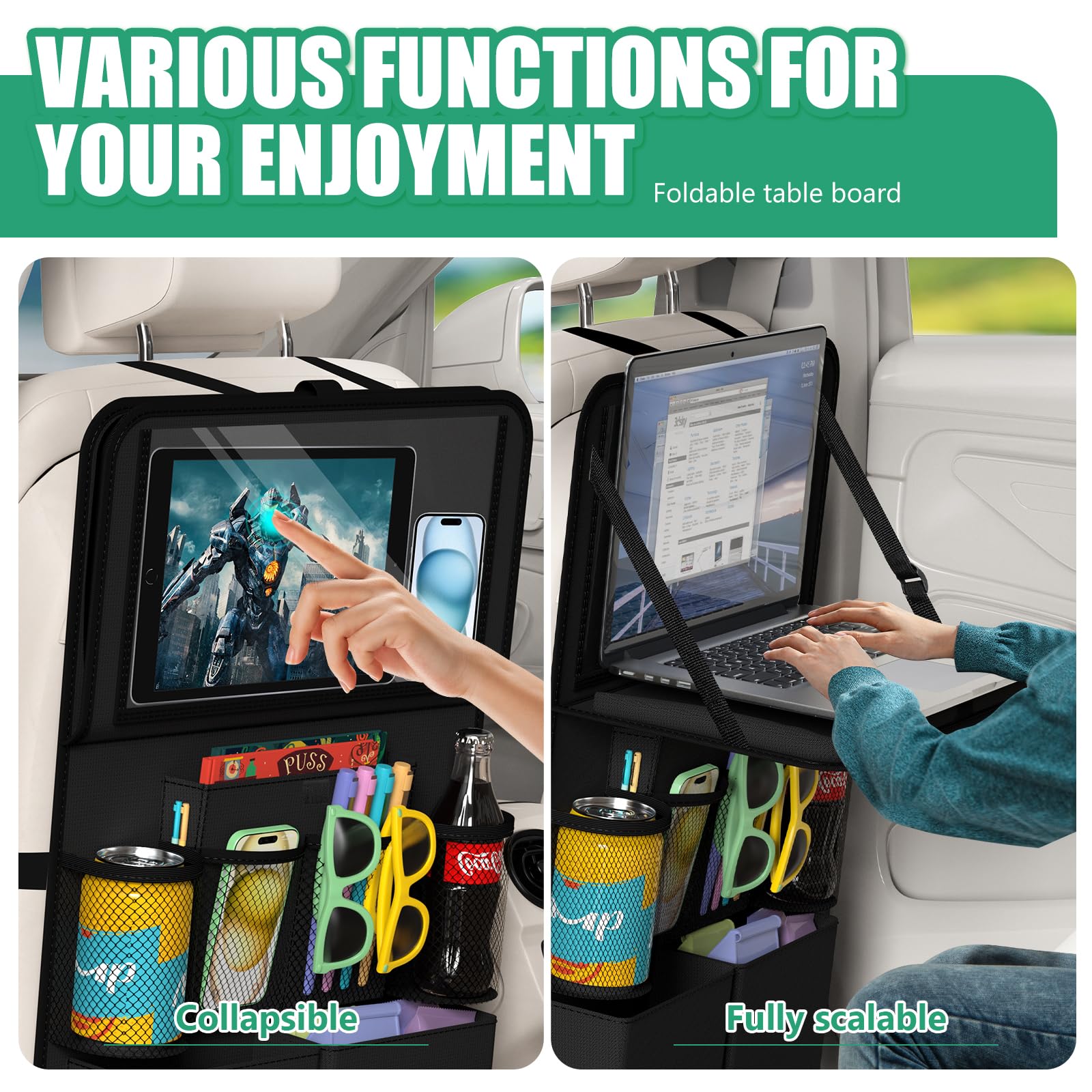 Plzpik Organizer per sedile auto con supporto per tablet, 11 tasche portaoggetti con vassoio pieghevole per alimenti, tappetino protettivo per bambini, accessori da viaggio