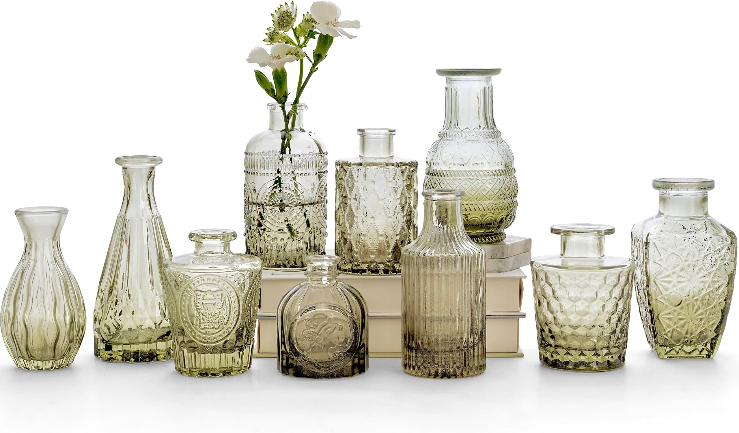 Green Glass Bud Vase Set of 10 - Small Vases for Flowers, in Bulk, Cute Cente...