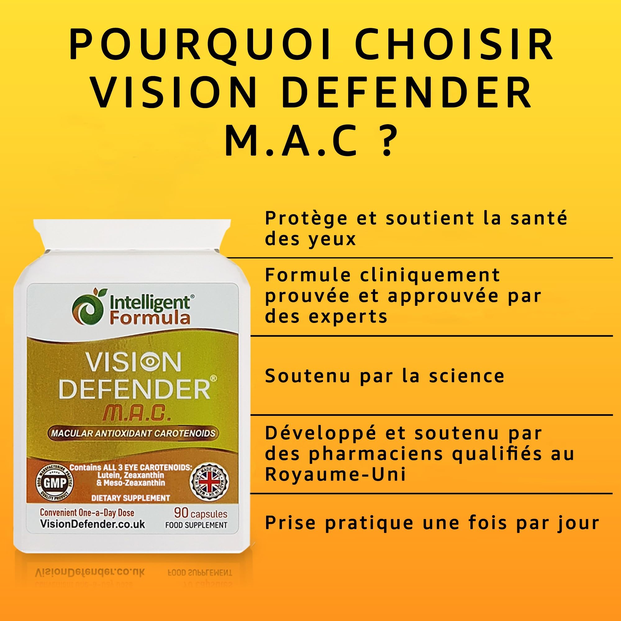 Vision Defender MAC Vitamines pour les Yeux – Caroténoïdes Triples : Lutéine 10mg, Zéaxanthine 2mg, Méso-Zeaxanthine 10mg – Soutien Vision & Santé Oculaire – 90 Gélules – Fabriqué au Royaume-Uni
