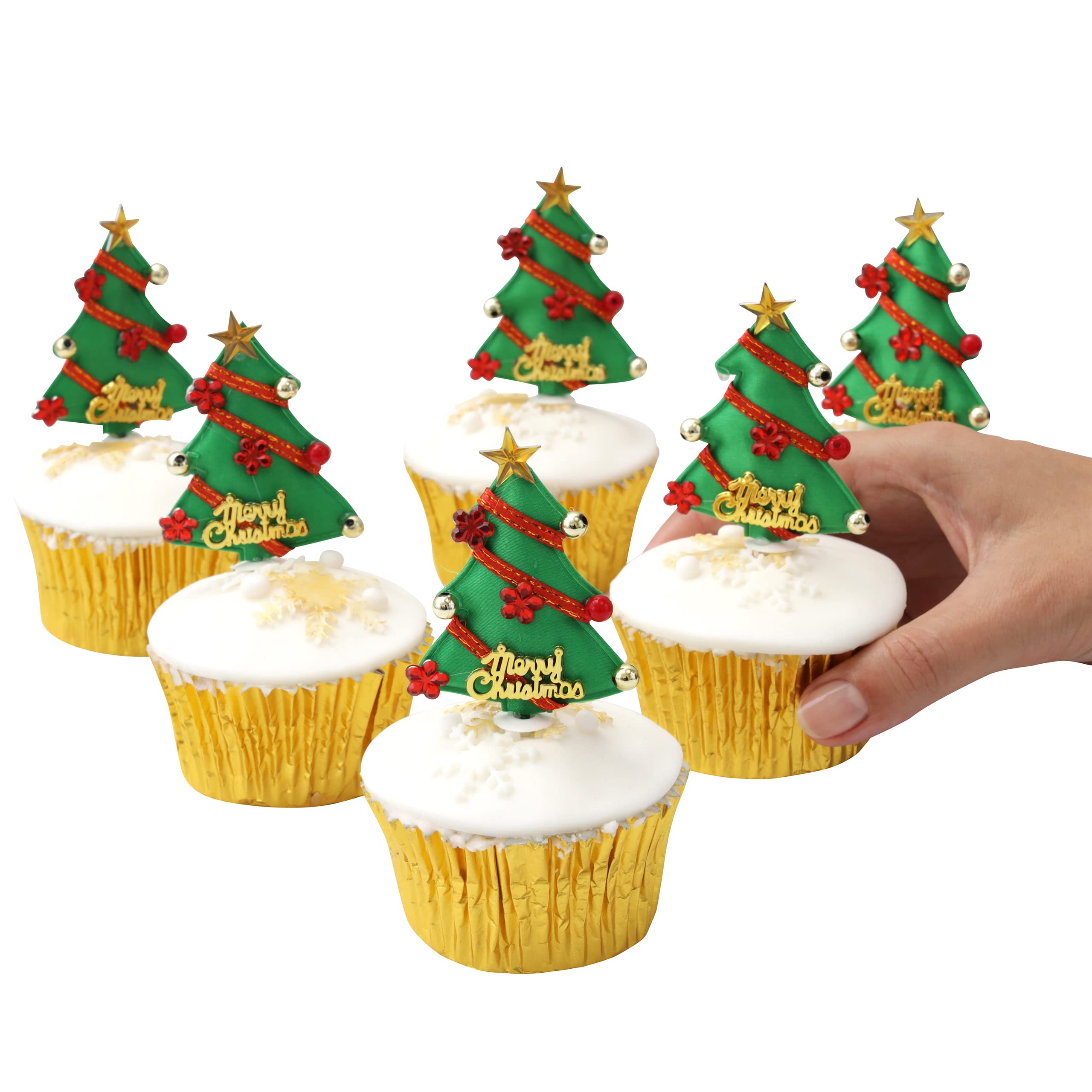 Evelay Cake Toppers Merry Christmas Cake Decoration 6-10 Pieces Cupcake Toppers Multi Purpose Decoration (6 Fabric Tree) — image 1