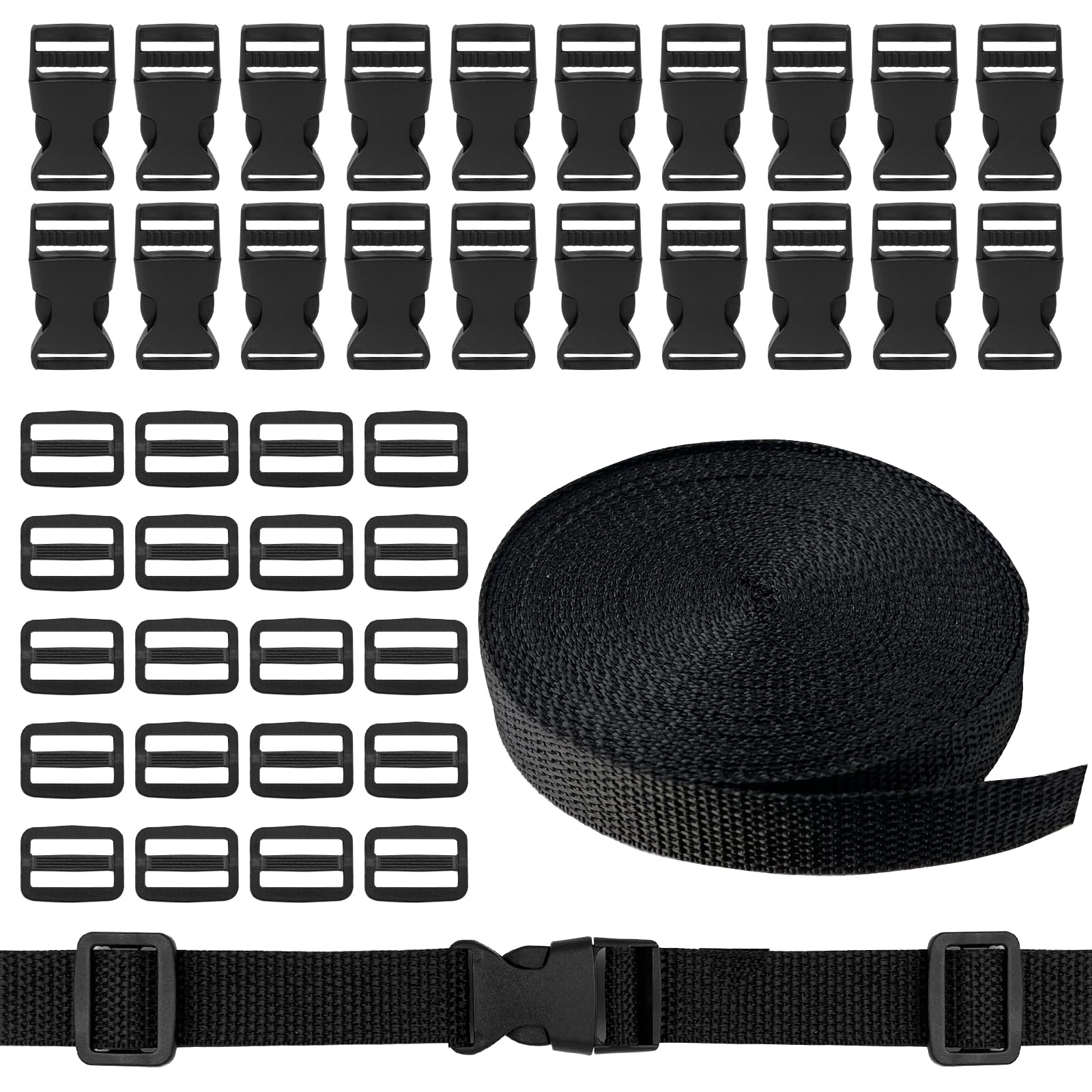 Sangle en Nylon de 10 m avec 20 Paires de Boucles, 20 mm de Long, Bande en Nylon Noir avec Fermeture Rapide pour Sac à Dos, Sac à Bagages, Collier pour Chien, Noir, 2 cm x 10 m
