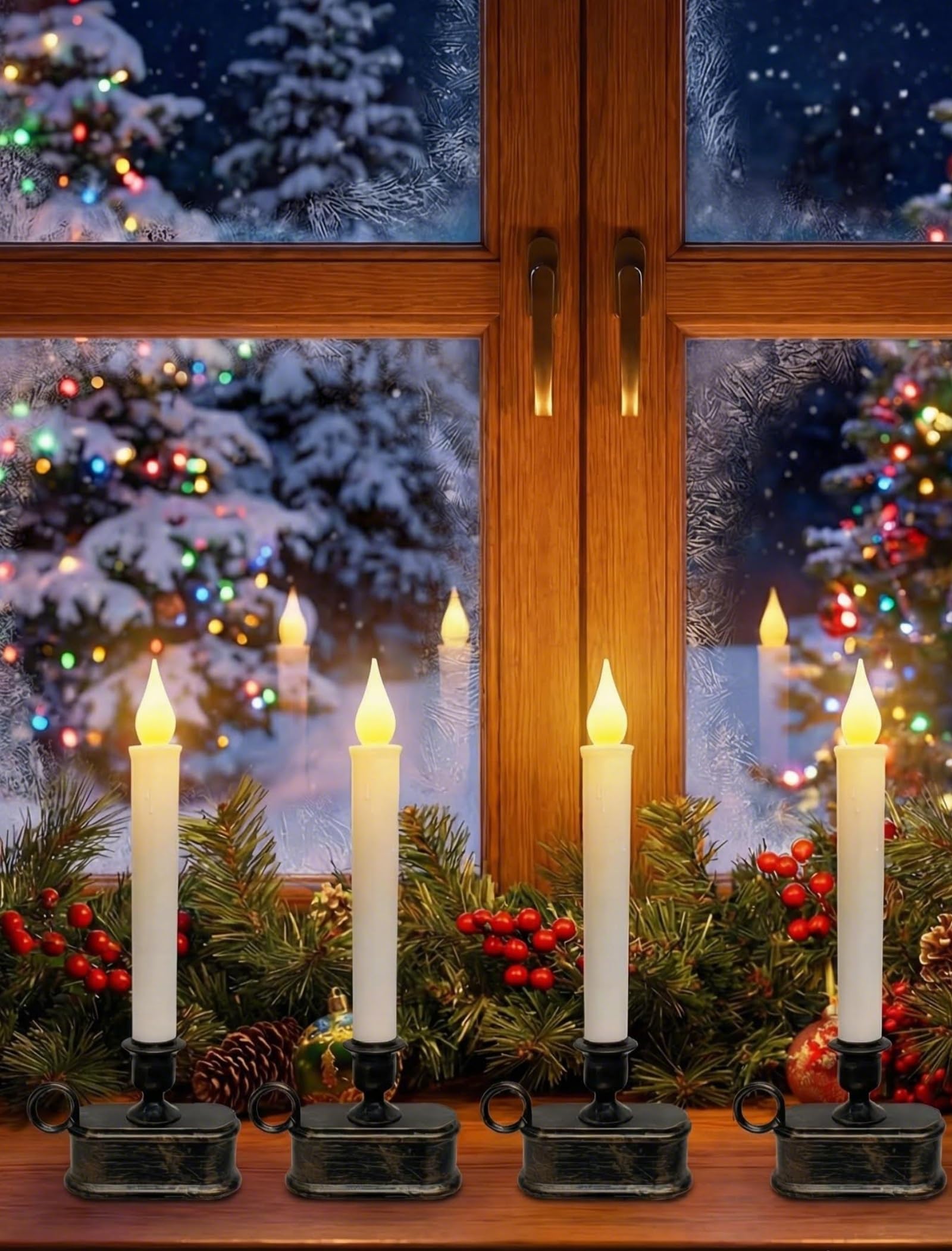 4 Pack Christmas Window Candles Operated with Timer,Bronze Base