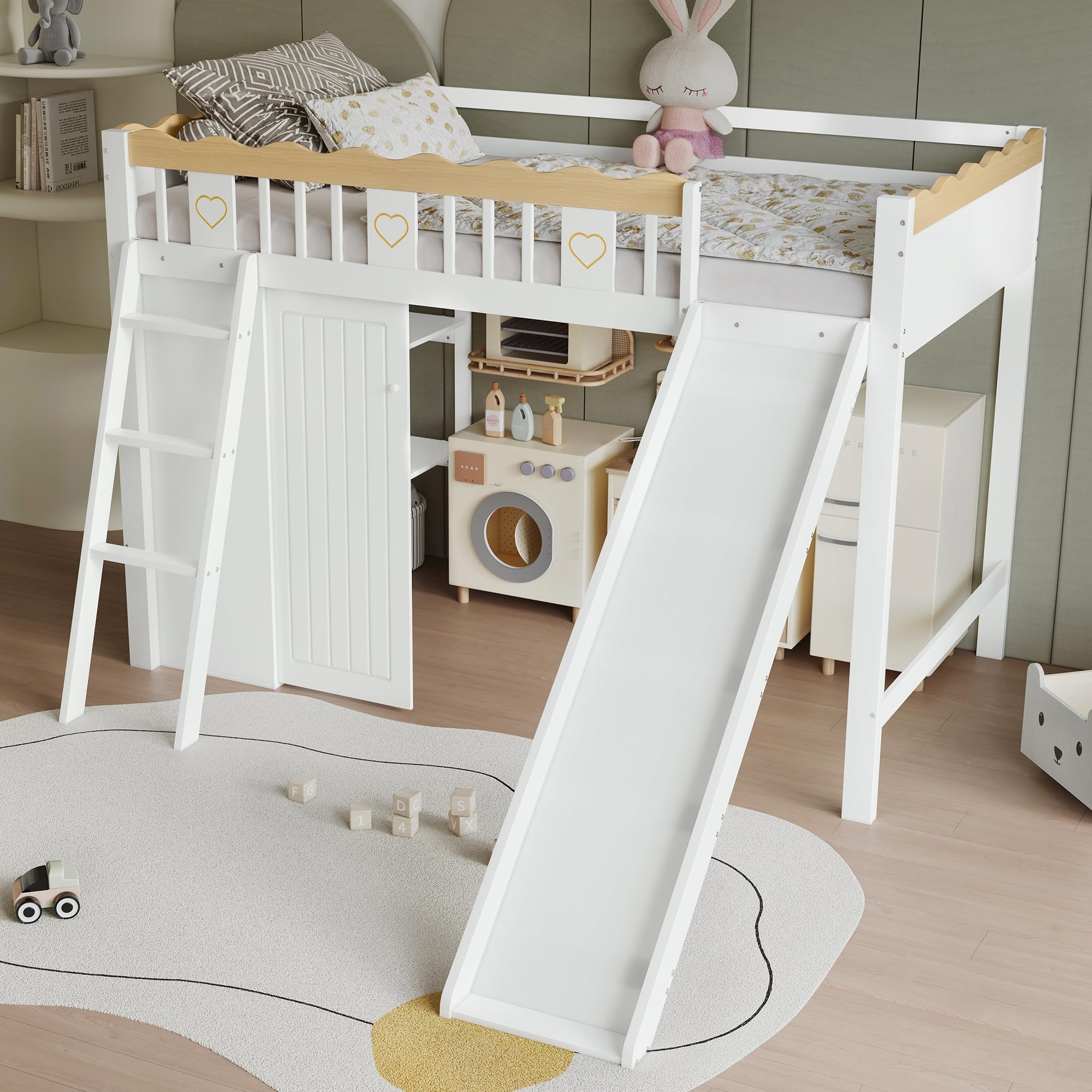 Litera de 90 x 200 cm, cuna con tobogán, ventanas y escalera inclinada