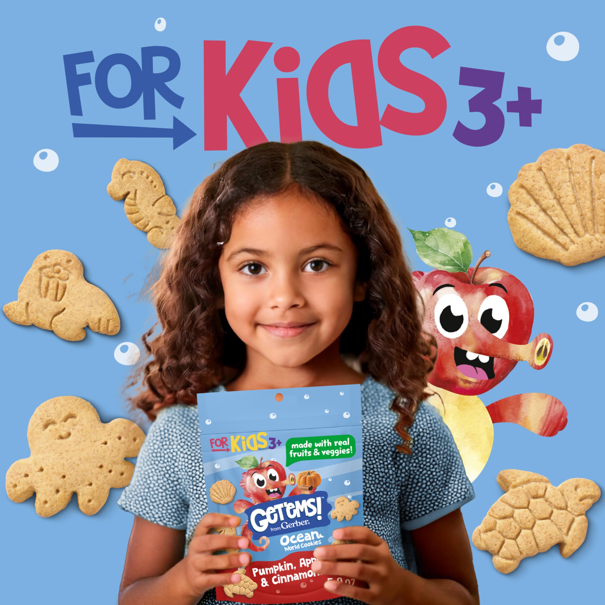 Get'ems! Gerber Kürbis, Apfel & Zimt Ocean World Cookies, Kinder-Snack aus echtem Gemüse und Obst, Eisen und Vitamin E