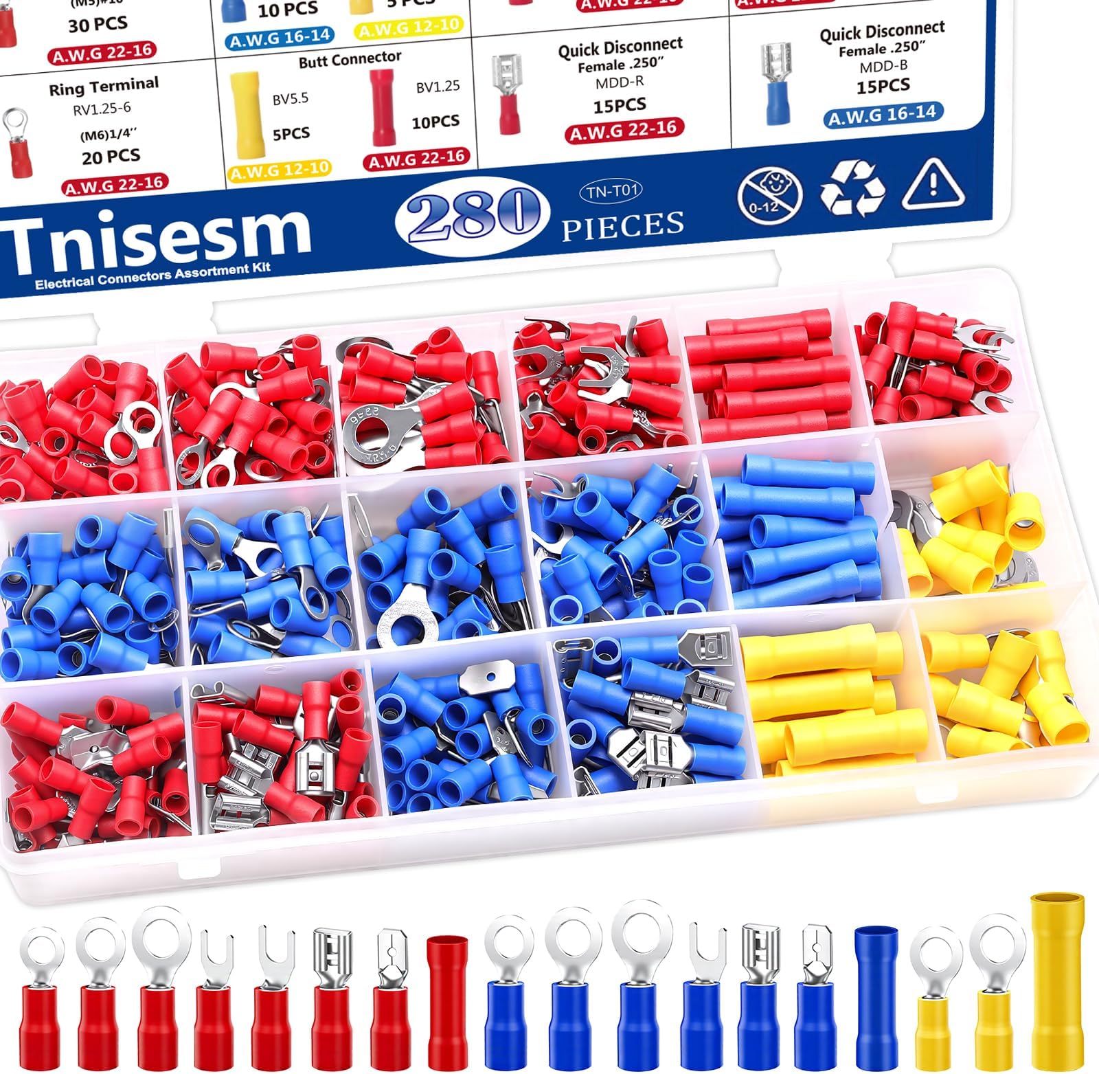 Tnisesm Insulated Wire Crimp Connectors Assortment Kit with Ring, Spade, Butt, Quick Disconnect, Crimp Automotive Cable Terminals TN-T01