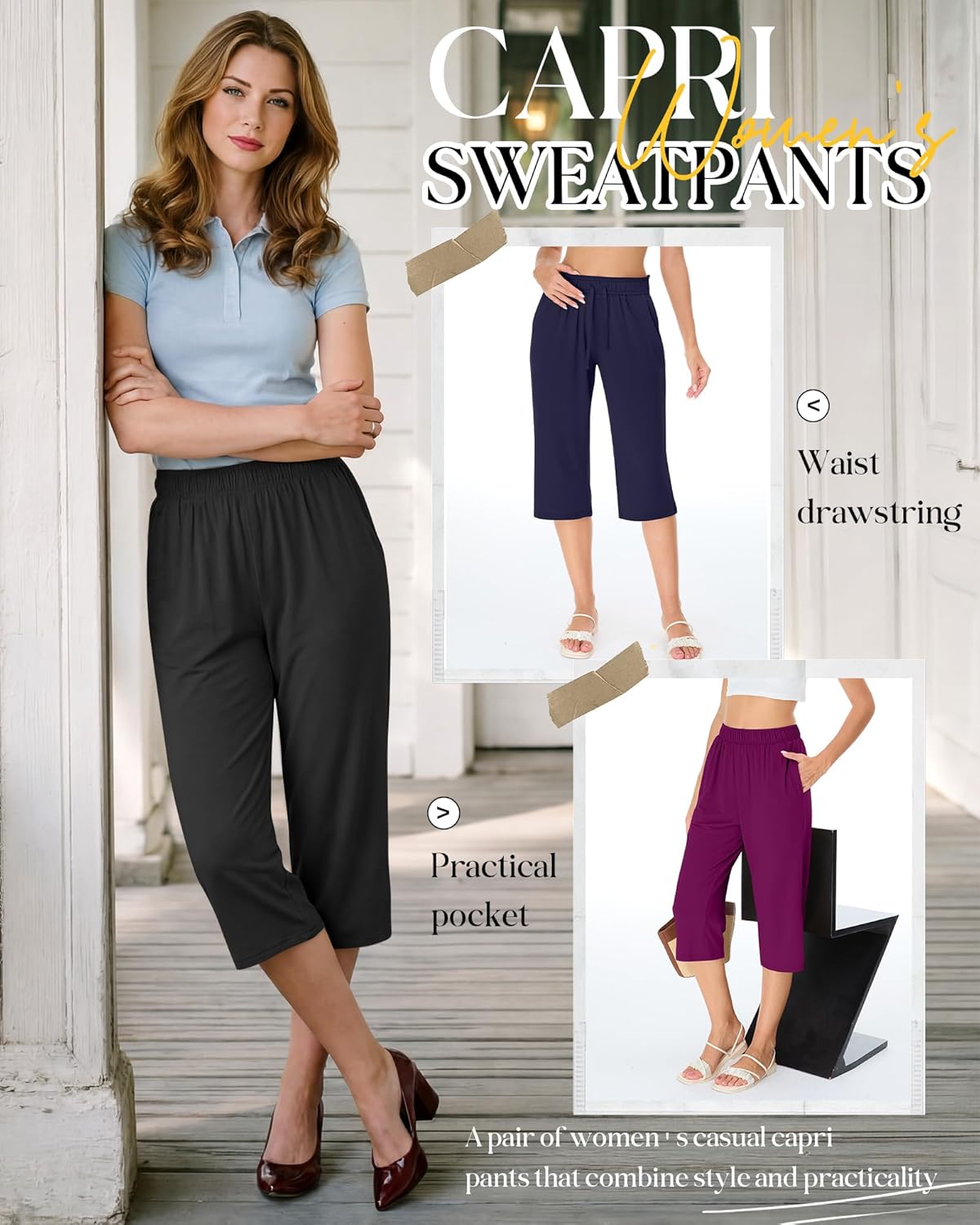 4 Pack Women's Capri Pants Wide Leg Yoga Sweatpants Lounge Loose Fit Cropped Joggers with Pockets