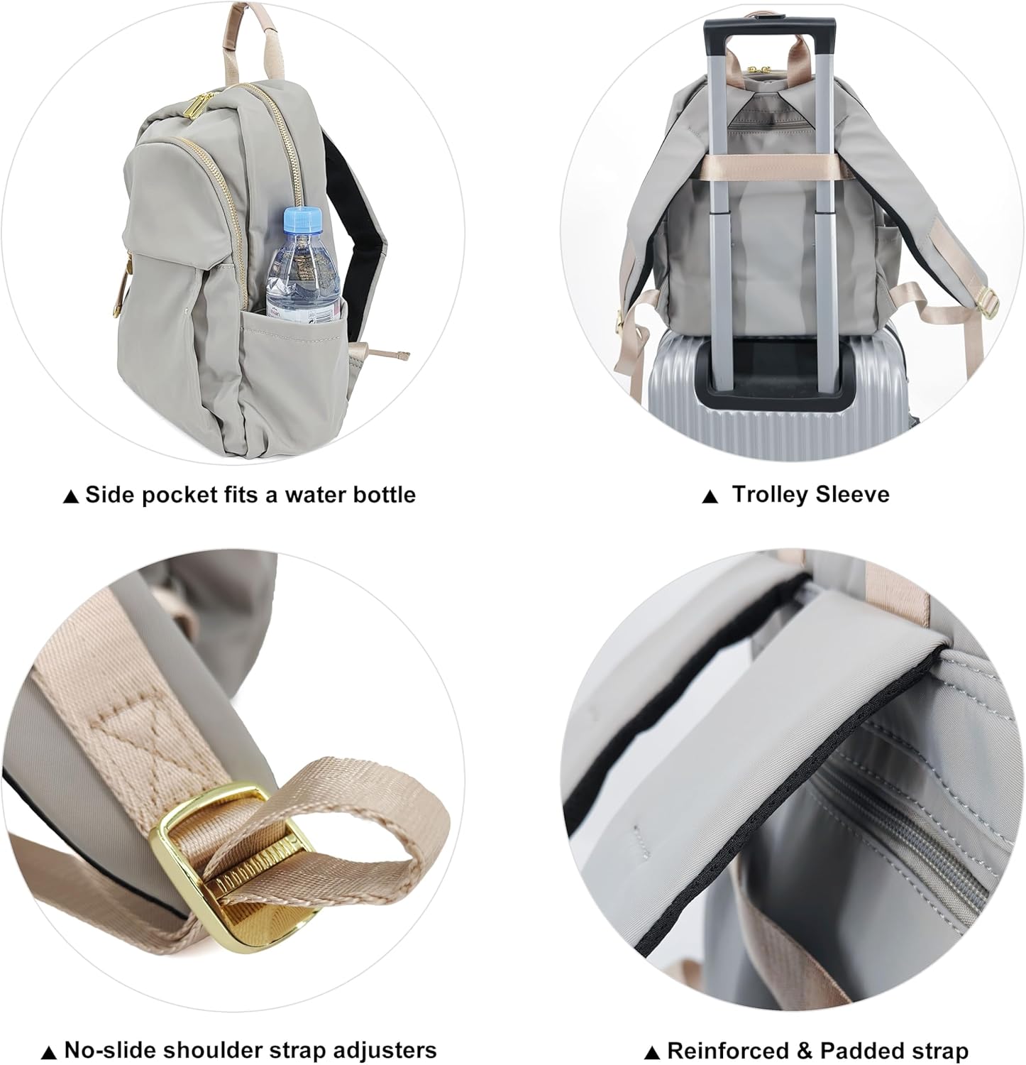 Medium Backpack Purse for Women, Fashion Nylon Daypack with Gold Hardware, Lightweight Water-Resistant Rucksack for College, Work, Travel, Everyday Use, Fits 13–14" Laptop (Gray Beige, Medium) - Image 5