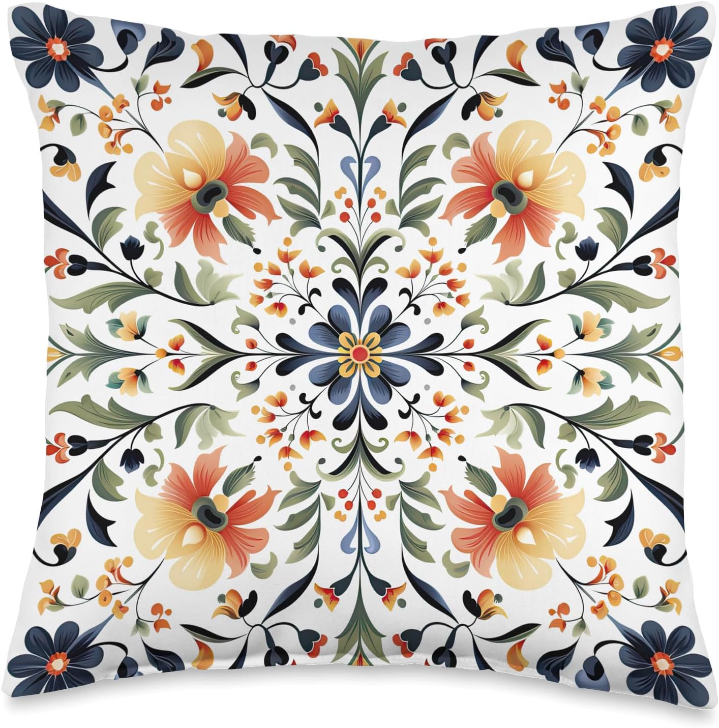 Traditional Norwegian Rosemaling Folk Art Throw Pillow