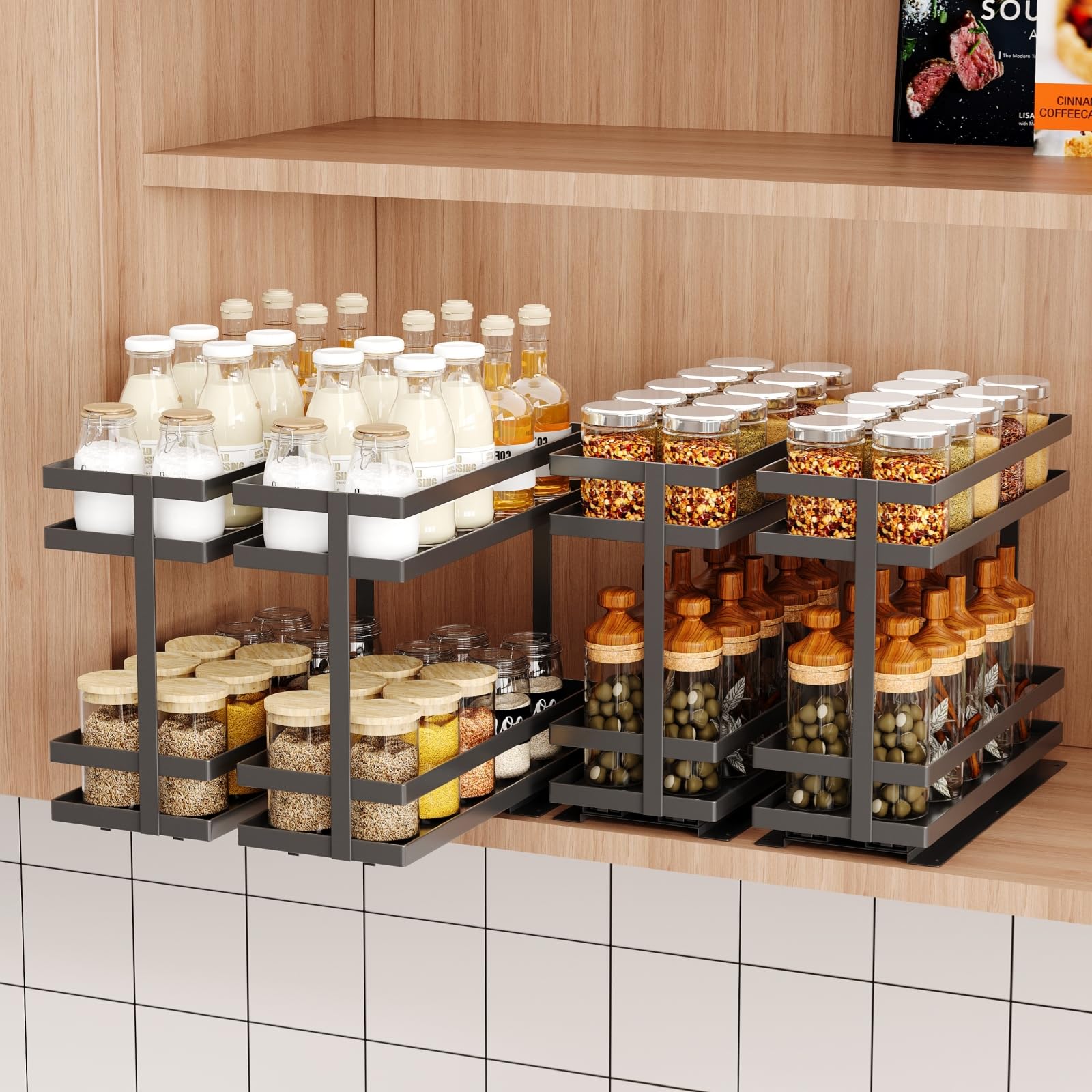 Mustorn 4 Pack Pull Out Spice Rack Organizer for Cabinet, 2 Tier Metal Slide Out Seasoning Organizer and Storage Heavy Duty Vertical Spice Rack Shelf Pullout for Kitchen Cabinets No Drilling (Black)