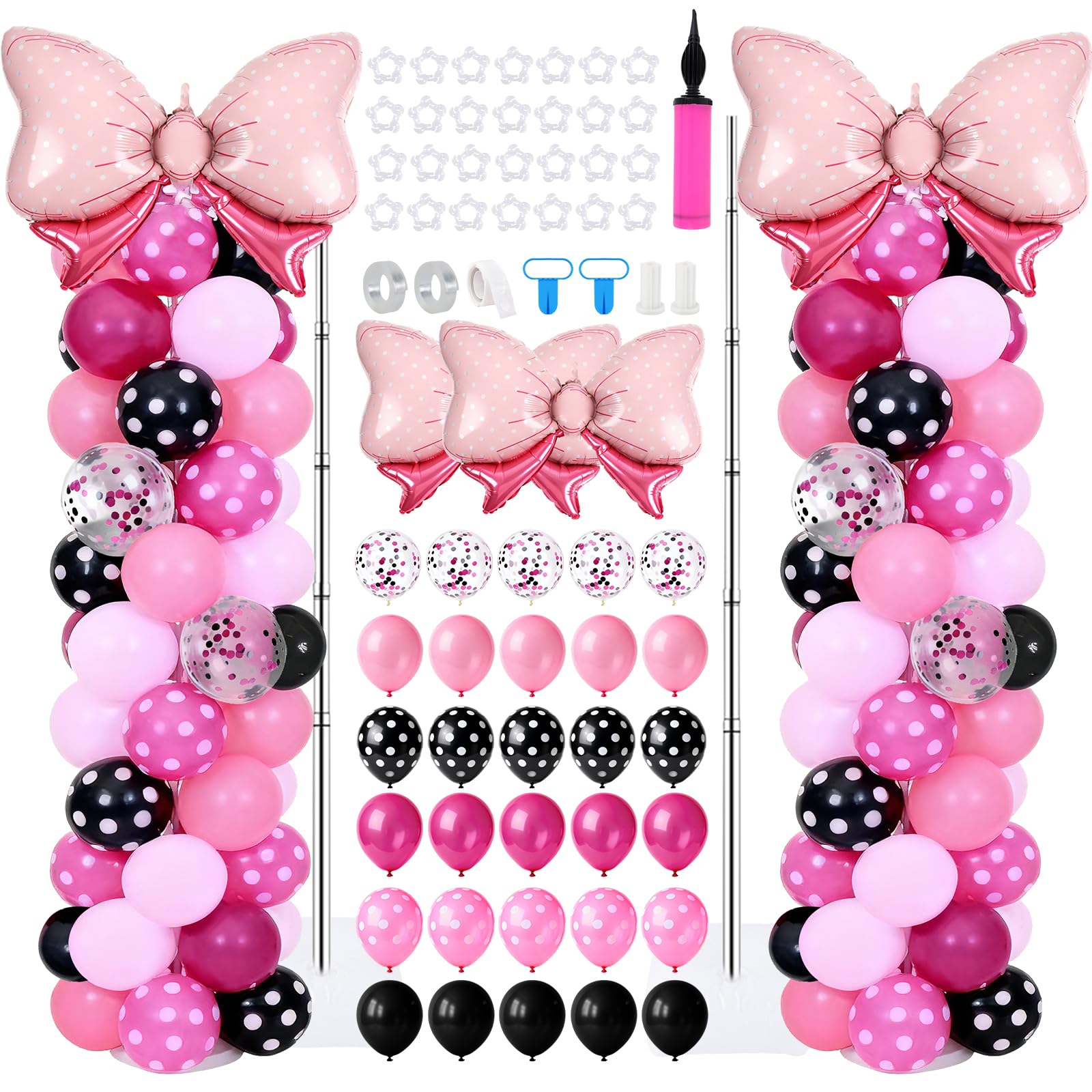 2 Set Adjustable Mouse Theme Birthday Balloon Column Stand Kit Polka Dot Pink Black White Balloons Arch Garland for Christmas Baby Shower Girl Birthday Party Decorations Supplies