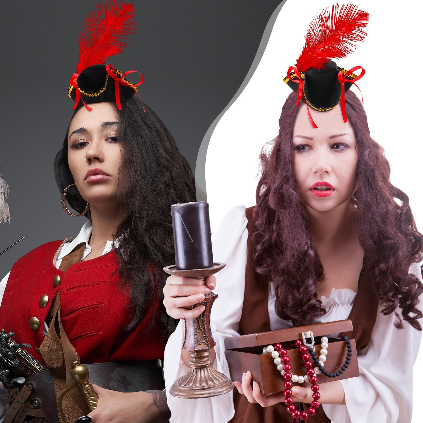 ShinyMatch 3 Pcs Pirate Tricorn Mini Hat Headband for Women Red Bow Knot Feather Pirate Fascinator Hat, One Size for School Play Theatrical Performance - Image 7