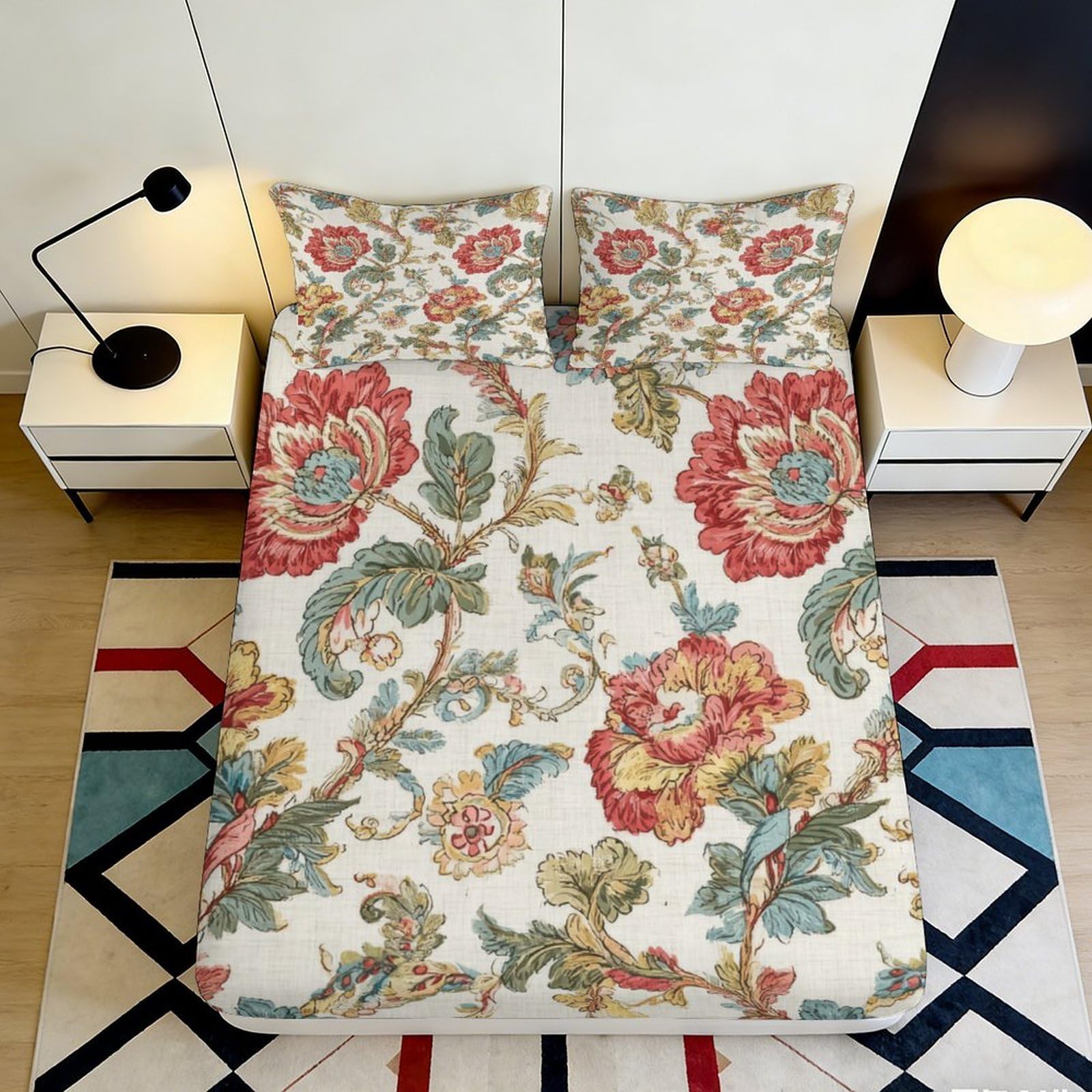 3D Printed floral Fitted Sheet, Microfiber soft touch, bedroom decor, anti-slip, machine washable, guest room bedding, artistic bed cover 180x200x25cm