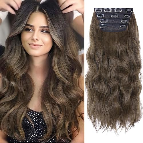 4 extensiones de cabello sintético con clip, extensiones de cabello rizado de 20 pulgadas de largo con clip (color marrón medio)