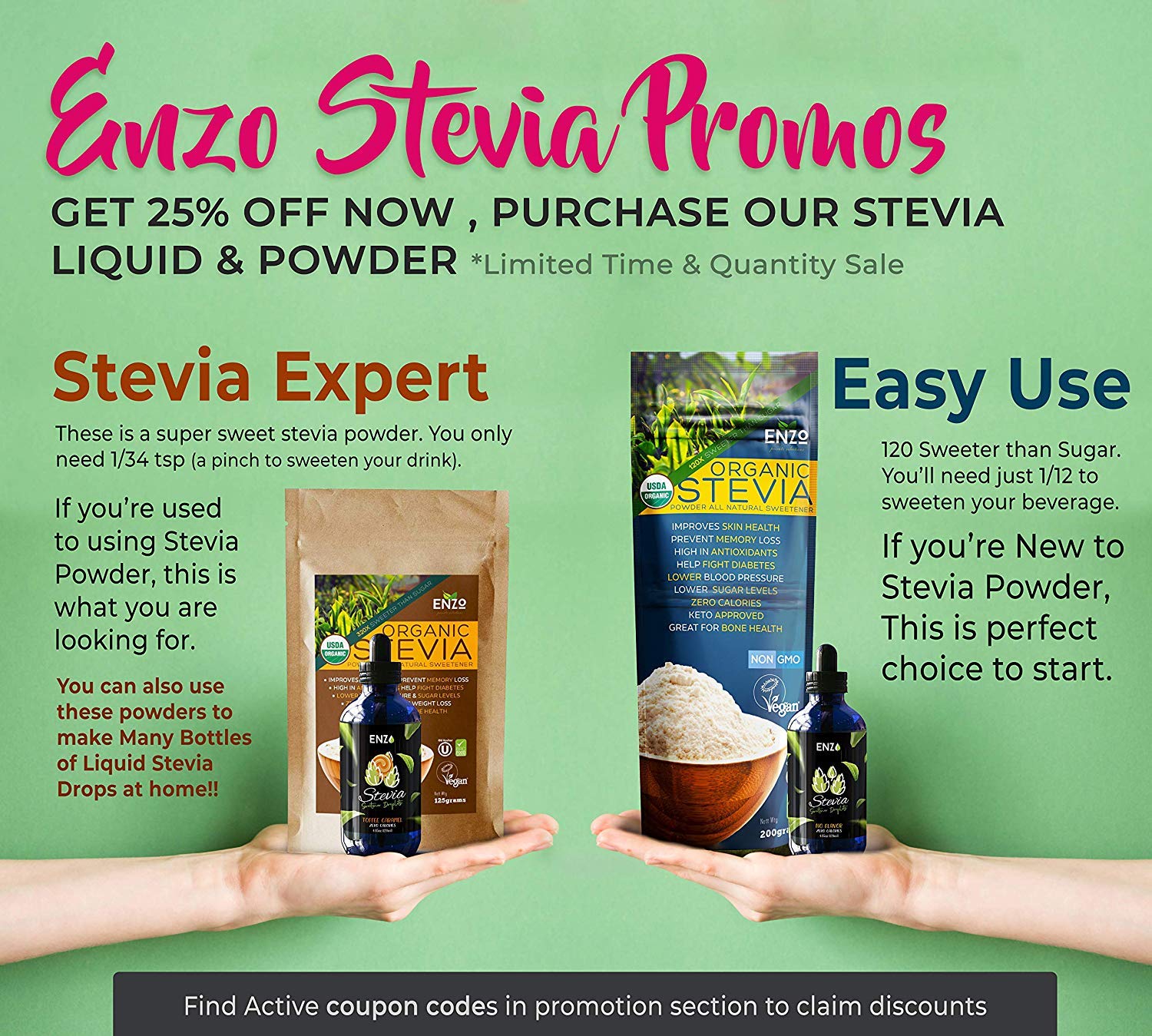Enzo Organic Stevia Bundle, Easy Use & Super Sweet Powder with Caramel Drops