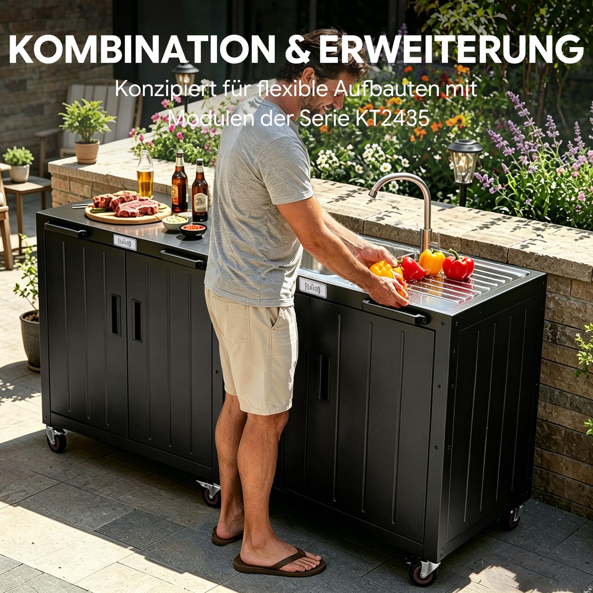 Outdoor Küche Spüle mit unterschrank Ausgussbecken Spülbecken | 89,5x65x120 cm Outdoor Grillwagen mit freistehendem Spülbecken, Schrank, Edelstahlplatte, für Außenküche, Gastro, Garage