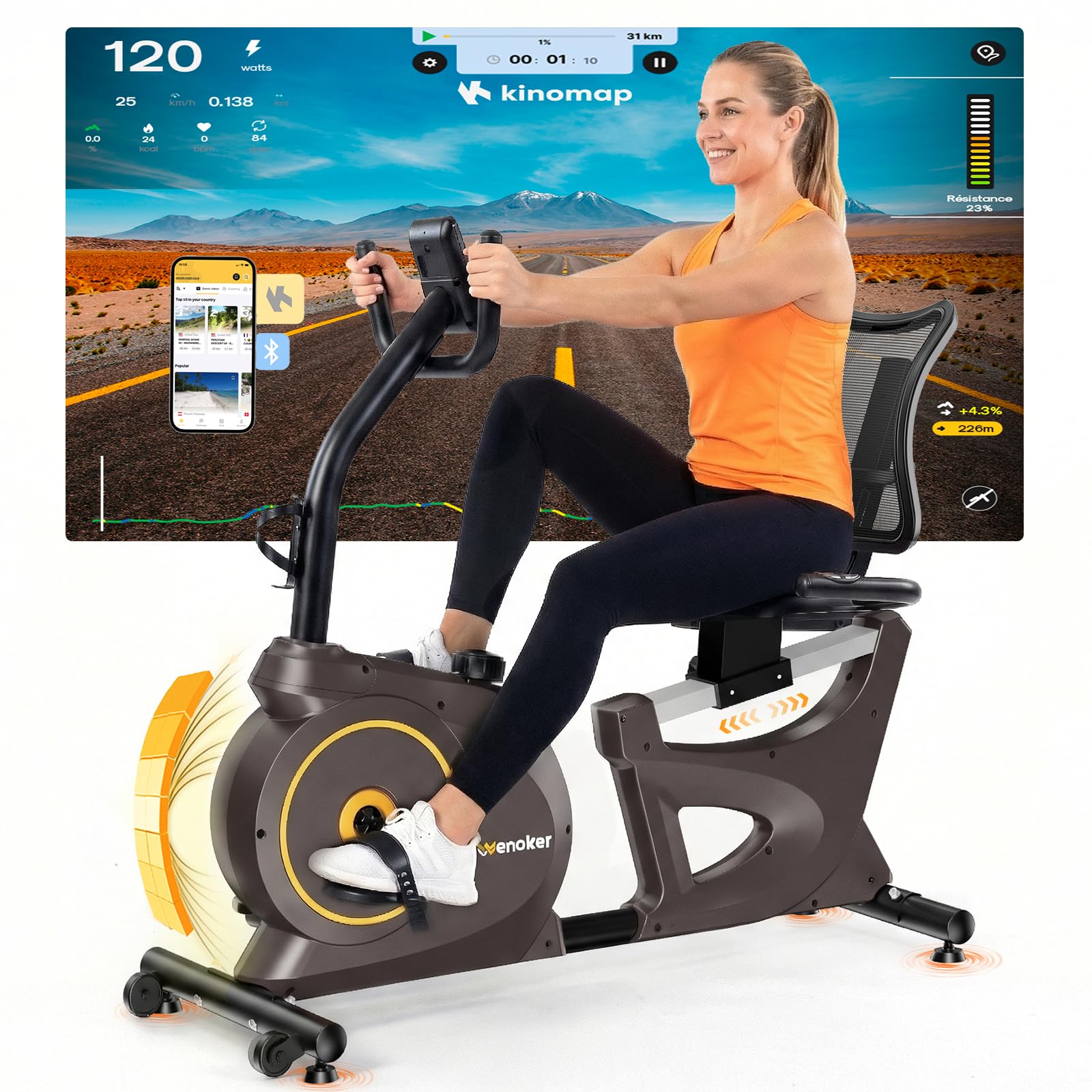 Vélo d'appartement ergomètre avec frein magnétique, capteurs de pouls et écran LCD, 15 niveaux de résistance, ergomètre d'assise avec dossier pour personnes âgées