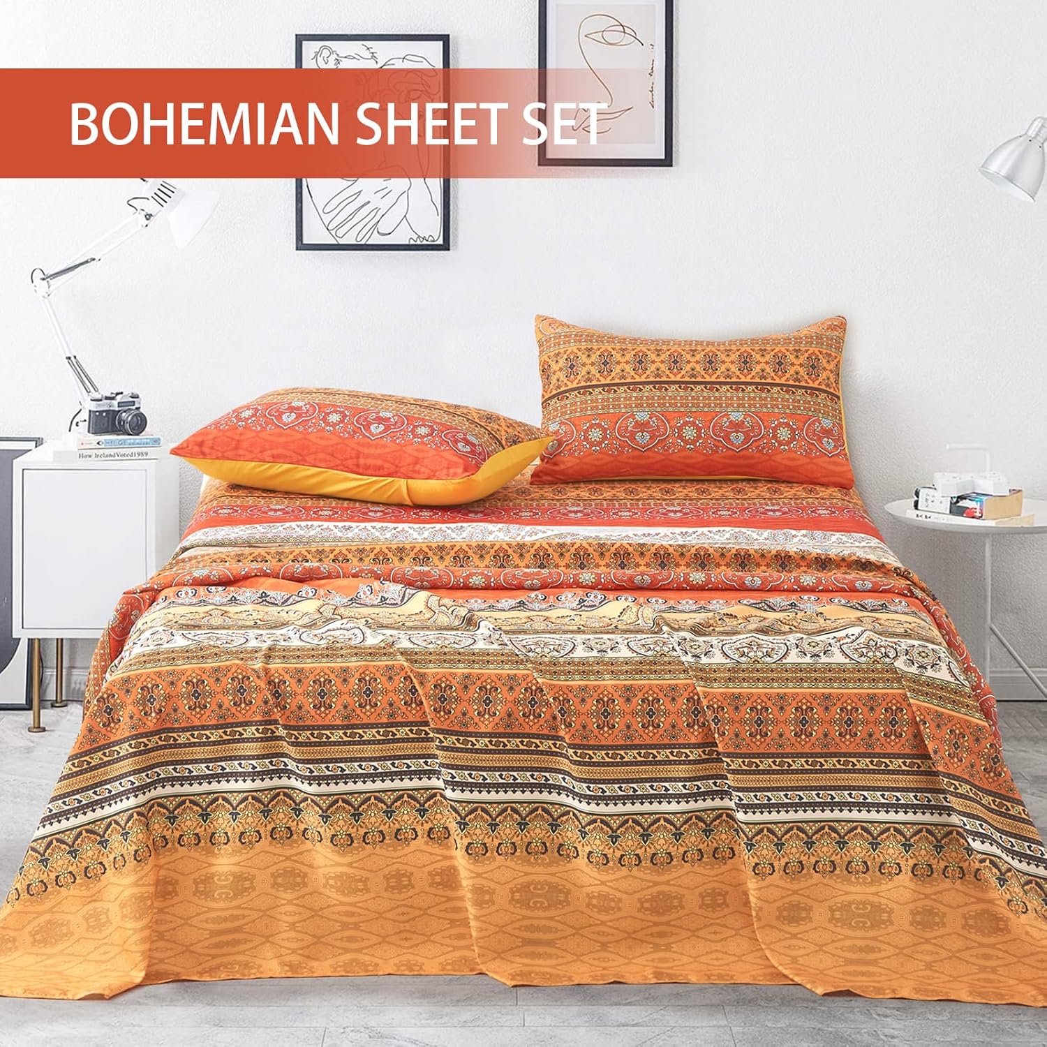 Boho Orange Sheets Set Queen Size(4 PCS) Colorful Bohemian Striped Bedding Sheets 14" Deep Pocket Indian Tribal Floral Fitted Sheet Flat Sheet 2 Pillowcases