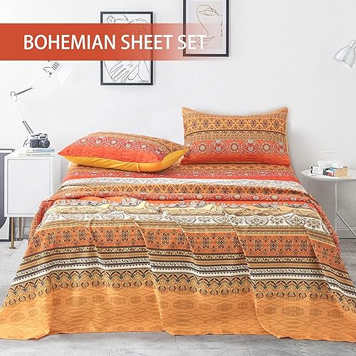 Miniatura 10 de Juego de sábanas bohemias de 4 piezas tamaño King con bolsillo profundo de 14 pulgadas de profundidad, mandala tribal indio, floral, retro (1 sábana